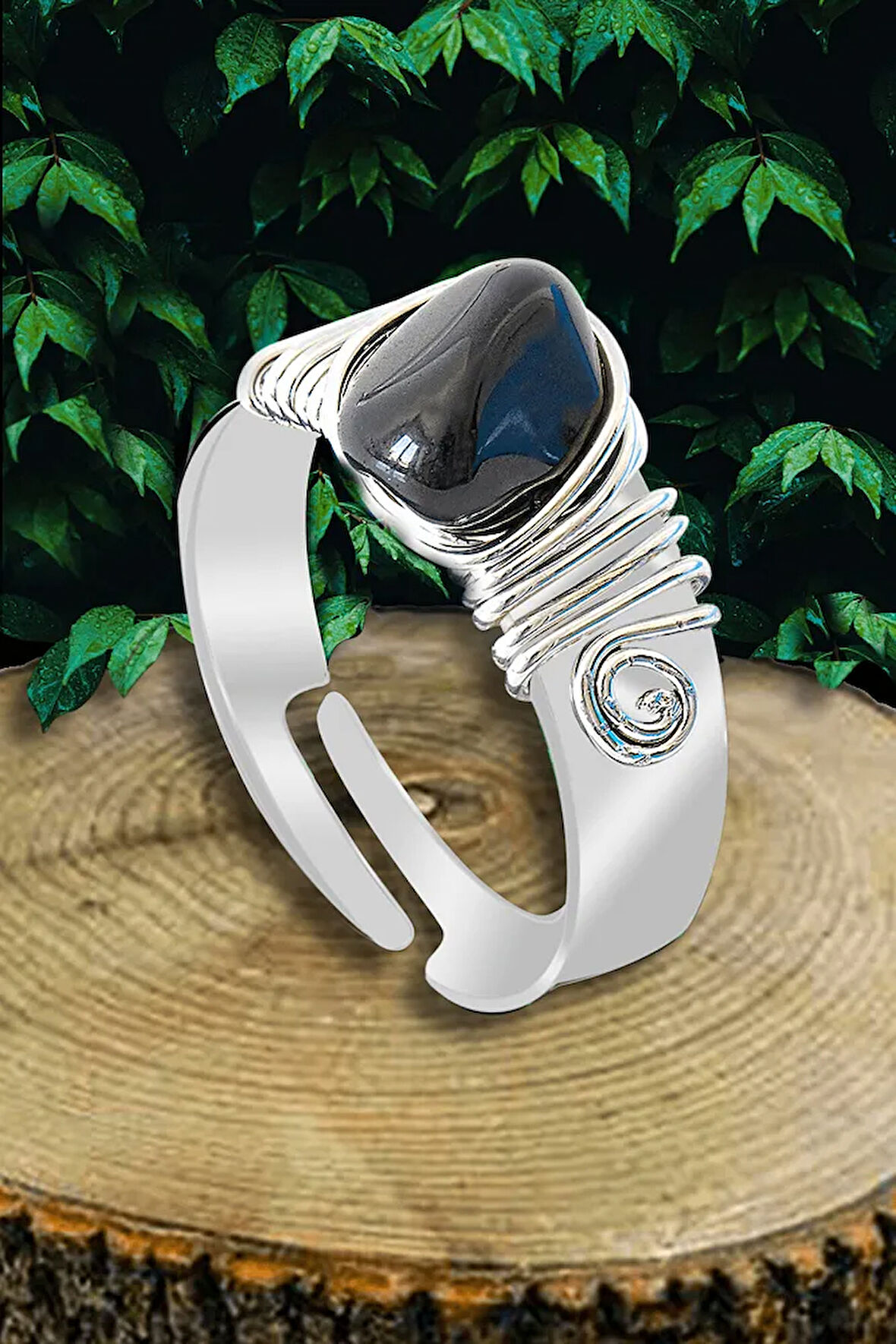 Sertifikalı Kalın Tımbıl Gümüş Model Obsidyen Taşı Yüzük - Ayarlamalı