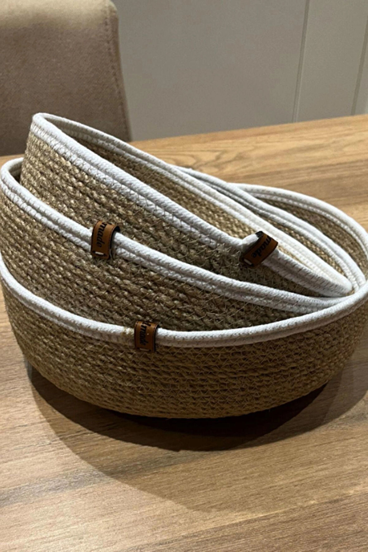 El Yapımı 3’lü Yuvarlak Jüt Dekoratif Sepet Seti