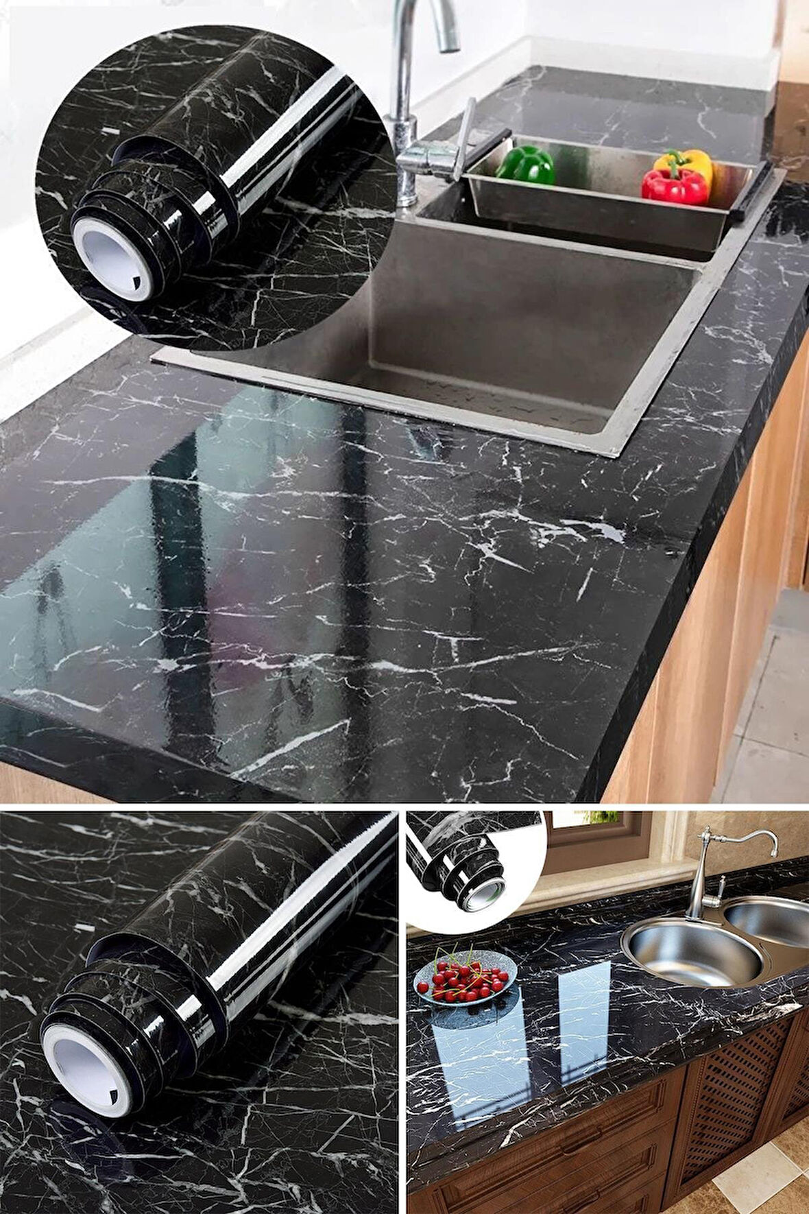 River World 5 M x 60 cm'lik Mermer Desenli Olan Siyah Yapışkanlı Folyo Kaplama Kağıt