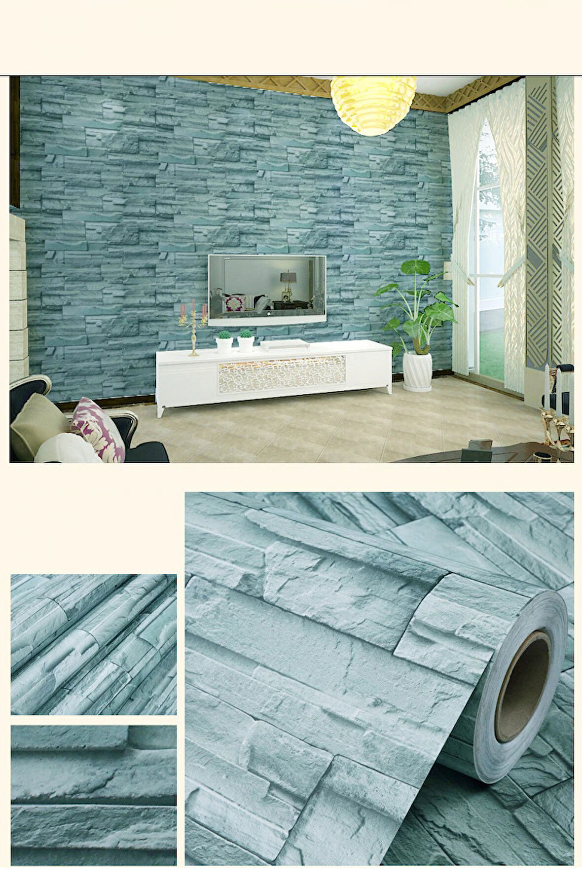 River World 3 M x 60 cm'lik 3D Mavi Tuğla Taş Desenli Olan Yapışkanlı Folyo Kaplama Kağıt