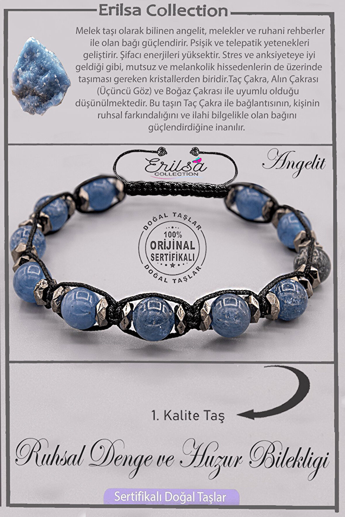 Sertifikalı AAA+ Kalite Doğal Angelit Taşı Ruhsal Denge ve Huzur Bilekliği - Melek Taşı