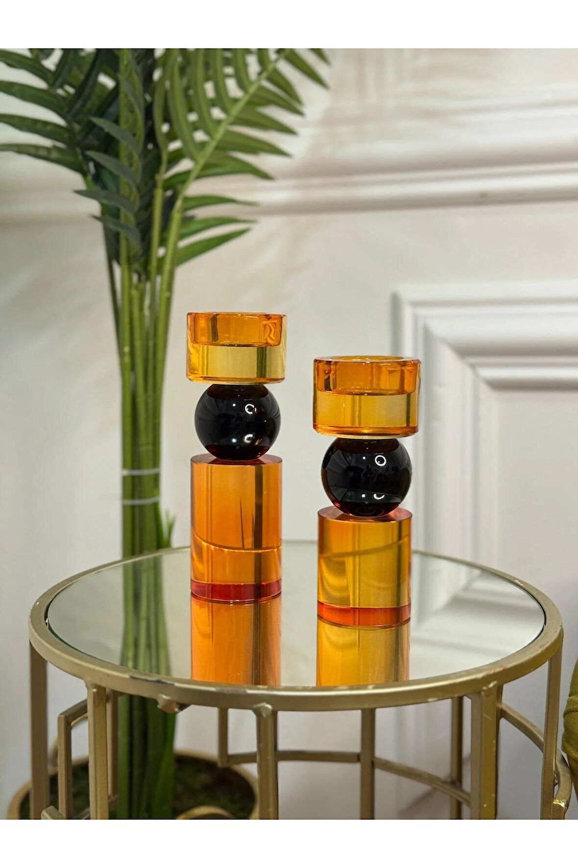 İkili Kristal İthal Mumluk Set Turuncu Siyah