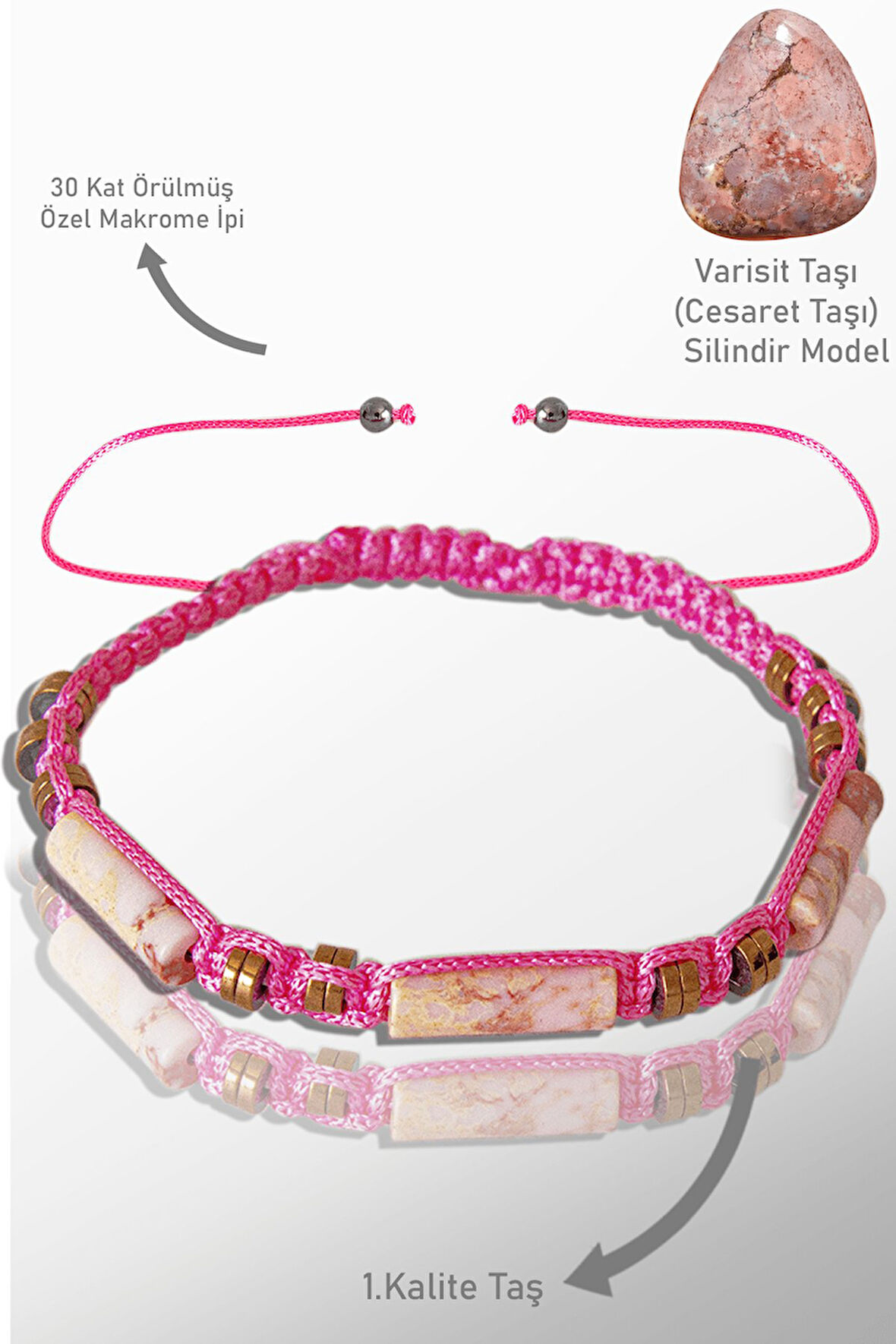 Sertifikalı Gerçek Hematit - Pembe Varisit Taşı Bileklik - Ayarlamalı