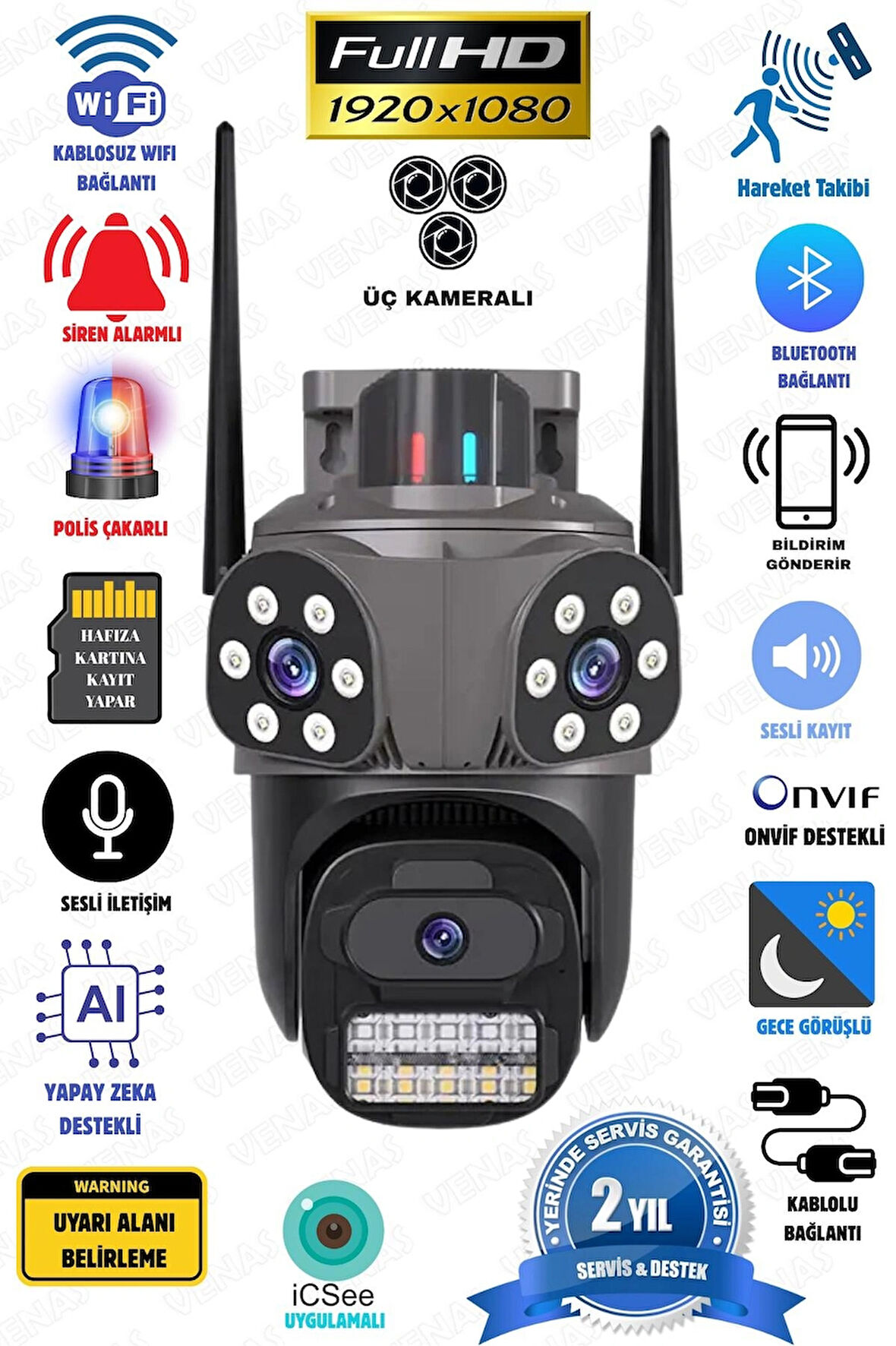 3 Kameralı Full HD Dış Mekân Akıllı Wi-Fi Kamera – İnsan Algılamalı ve Polis Çakarlı