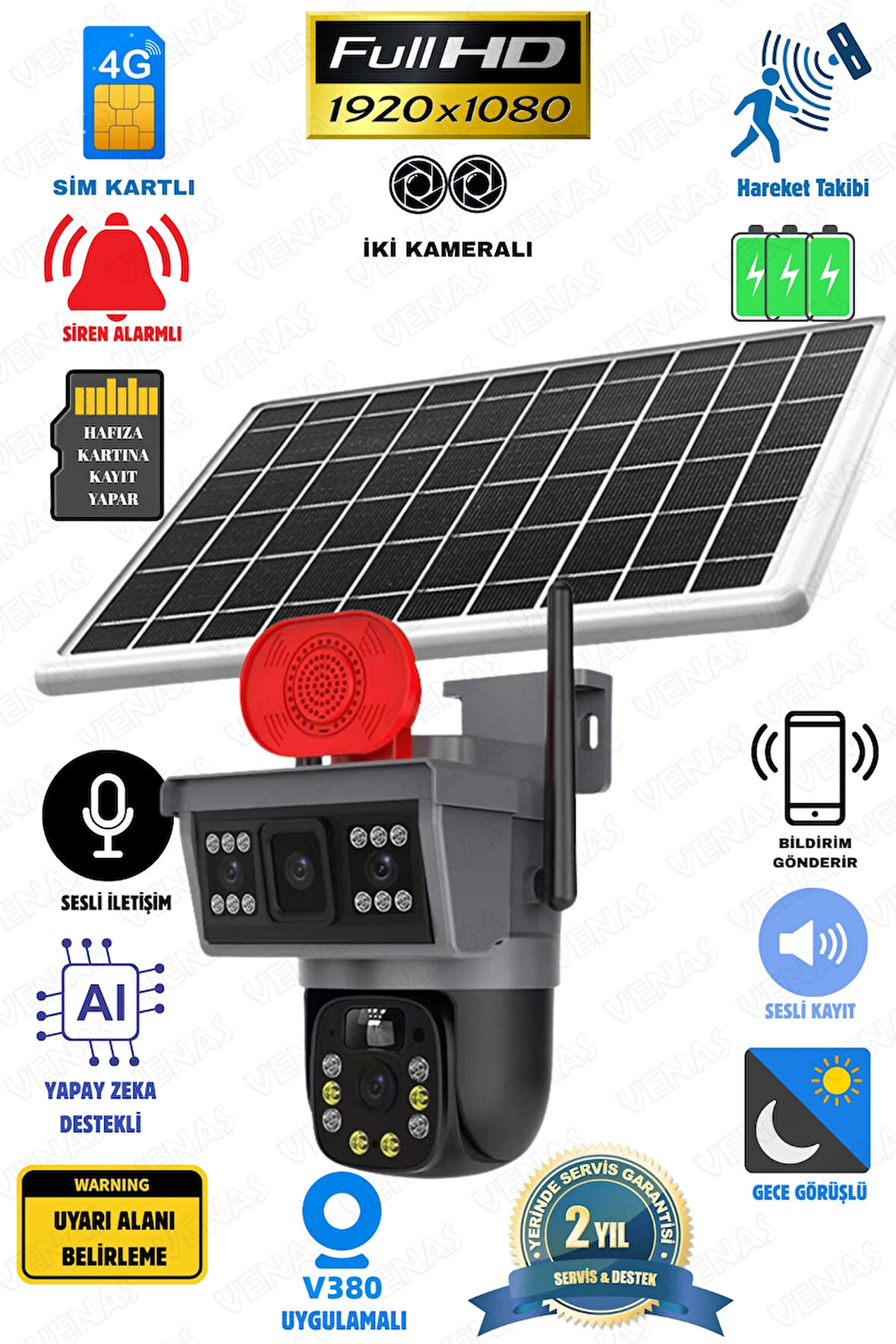4G Sim Kartlı Solar güneş Enerjili Full HD Çift Kameralı Extra ledli Akıllı Smart Güvenlik Kamerası