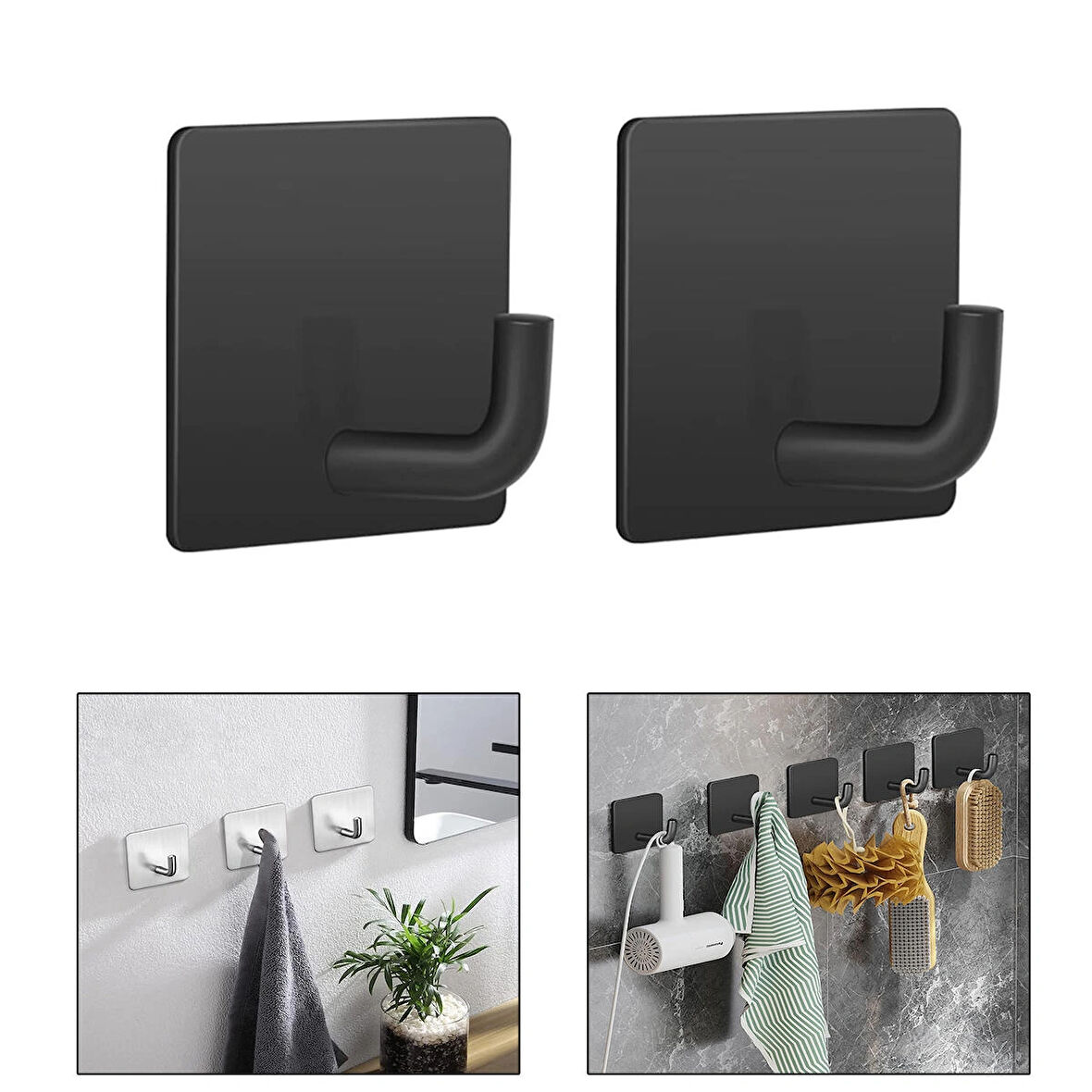 Microcase  Yapışkanlı  Paslanmaz Çelik Banyo Mutfak Eşya Havlu Vb Metal Askılık Kare Tasarım- SİYAH AL4936 2 Adet