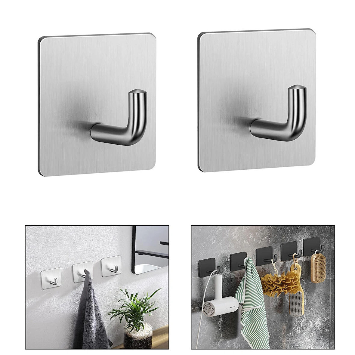 Microcase  Yapışkanlı  Paslanmaz Çelik Banyo Mutfak Eşya Havlu Vb Metal Askılık Kare Tasarım- GÜMÜŞ AL4936 2 Adet