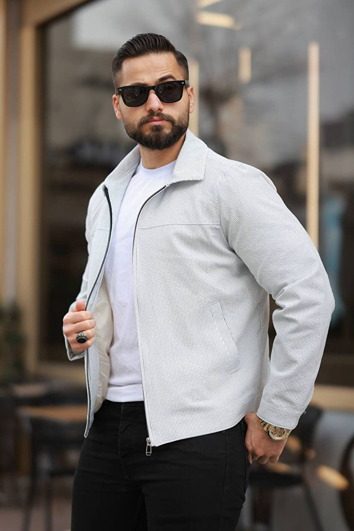 İnce Çizgili Kırışmaz Gofre Kumaş Mevsimlik Ceket