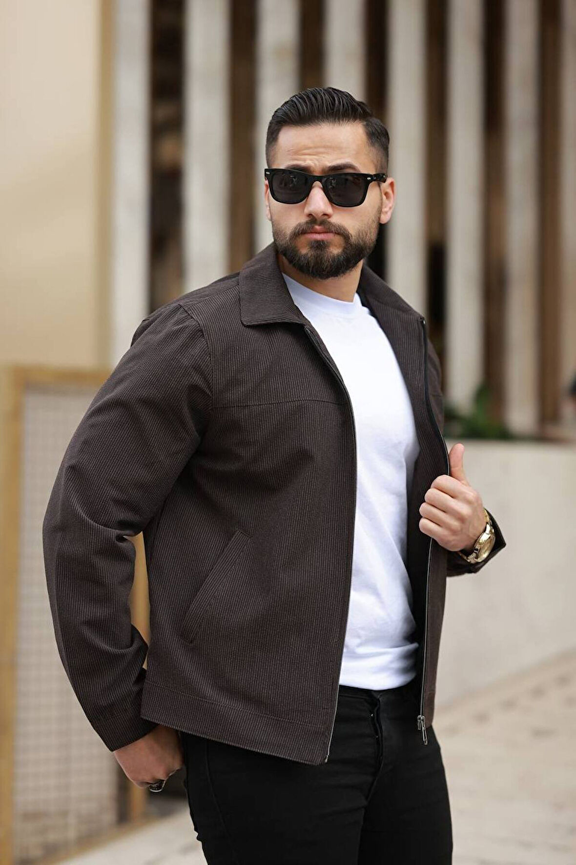 İnce Çizgili Kırışmaz Gofre Kumaş Mevsimlik Ceket