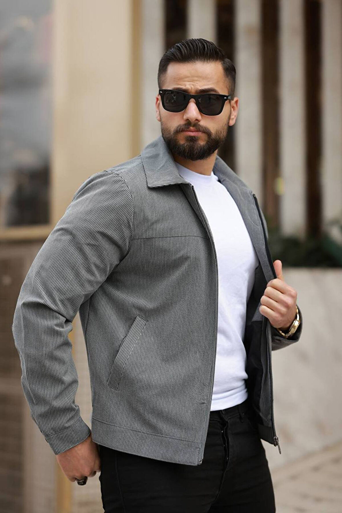 İnce Çizgili Kırışmaz Gofre Kumaş Mevsimlik Ceket