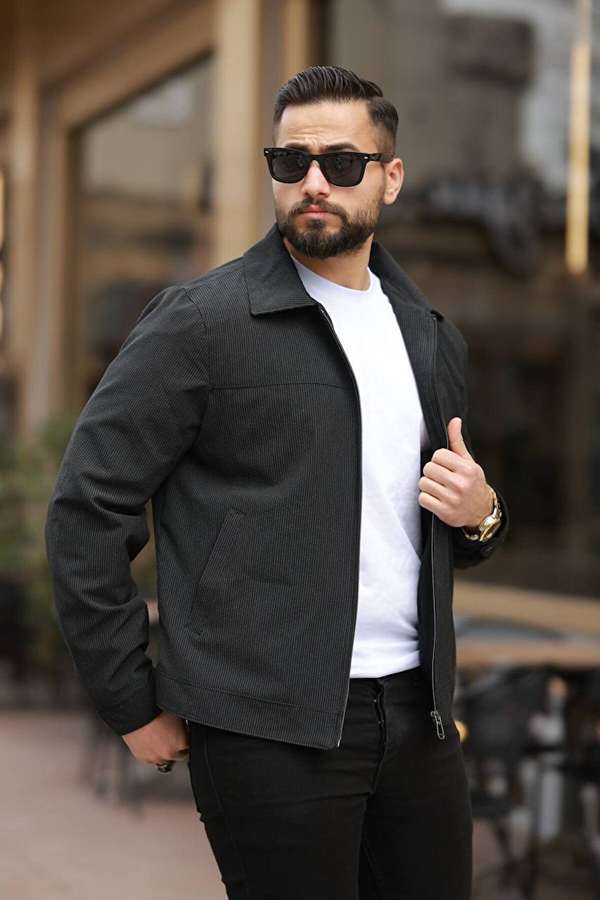 İnce Çizgili Kırışmaz Gofre Kumaş Mevsimlik Ceket