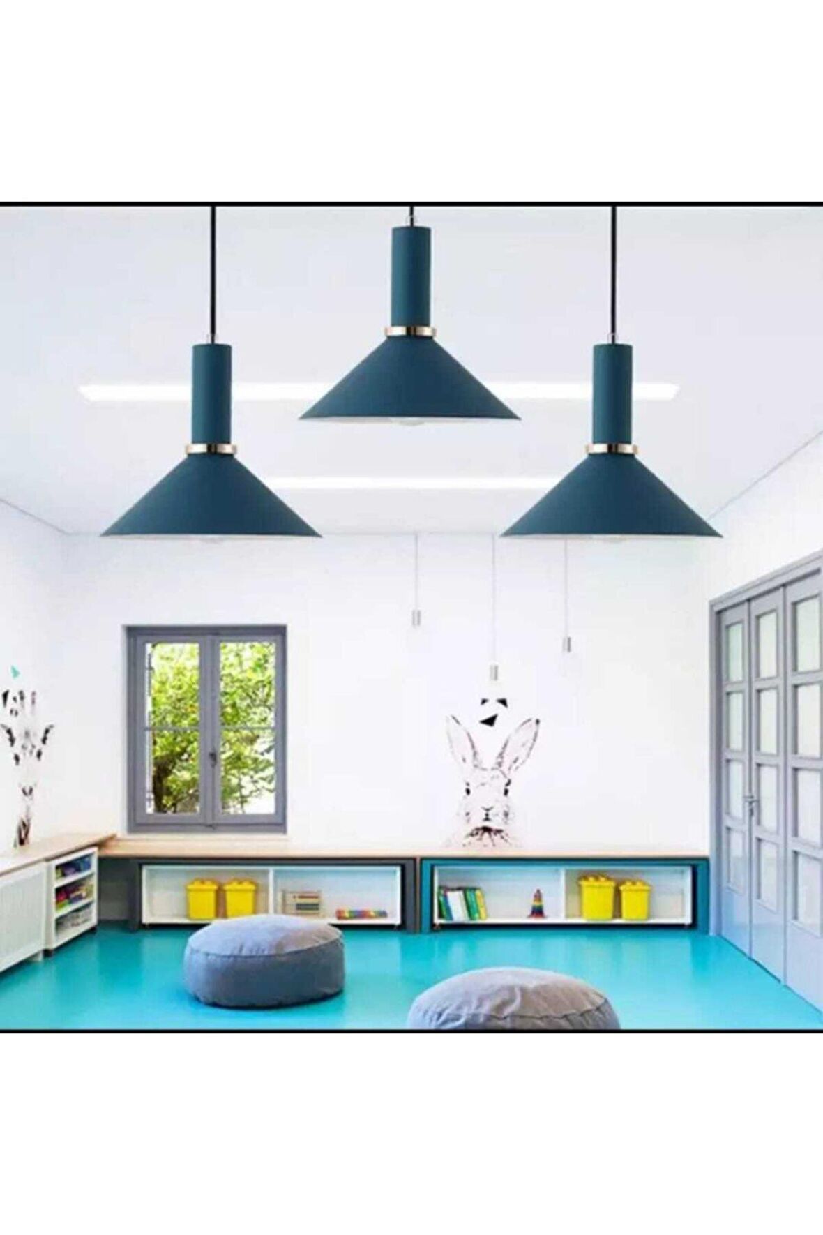 RYS Retro Metal Dekoratif Metal Gece Mavisi 3 Lü Masa Üstü Sarkıt Avize G:60 Cm