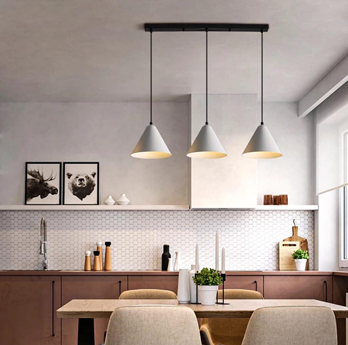 RYS Tasarım Retro Metal Beyaz Sıralı Sarkıt Avize Genişlik:60cm