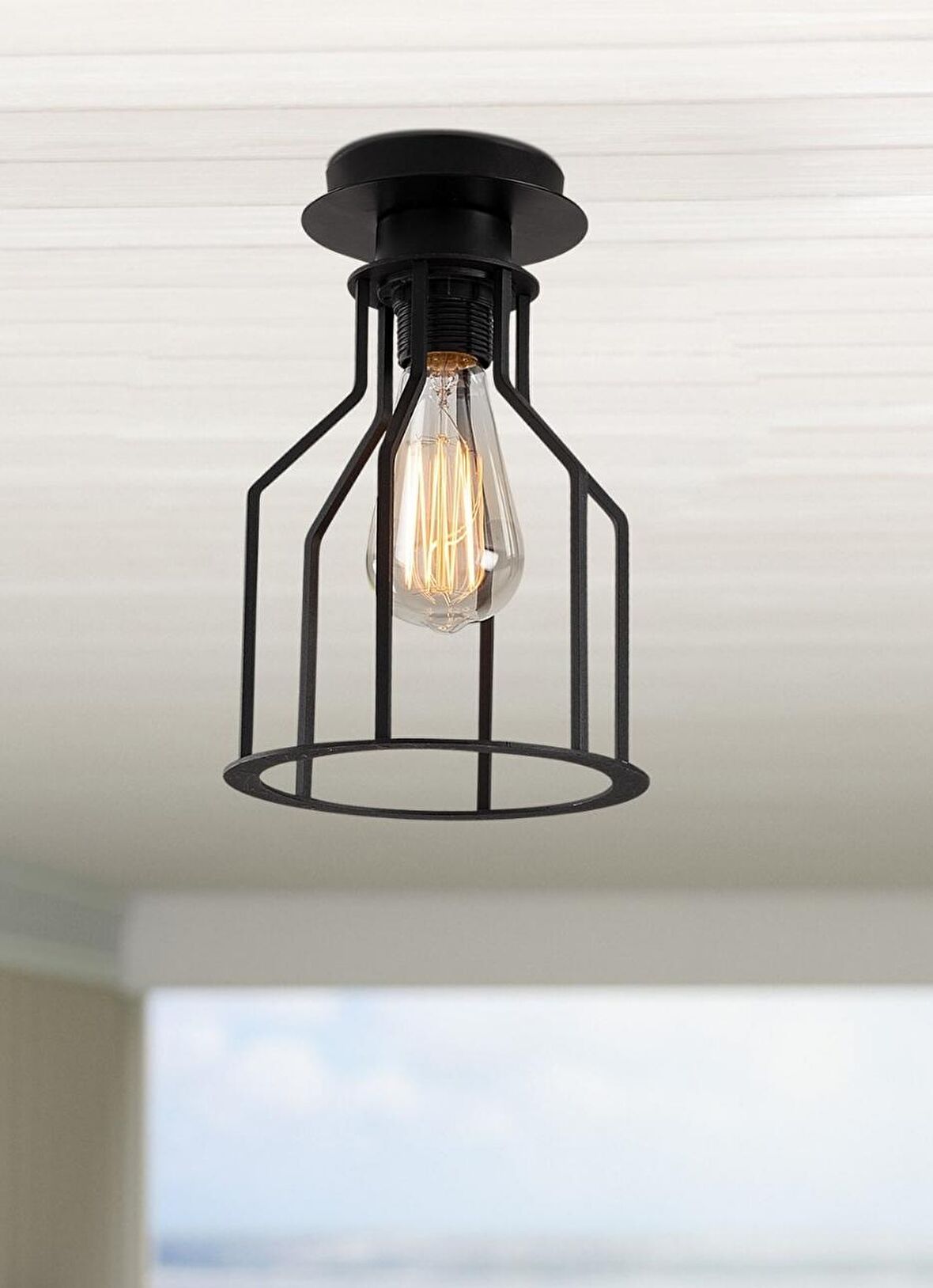 Retro Metal 1 Lİ Siyah  Tavan Plofyoner Kafes Rustik Avize