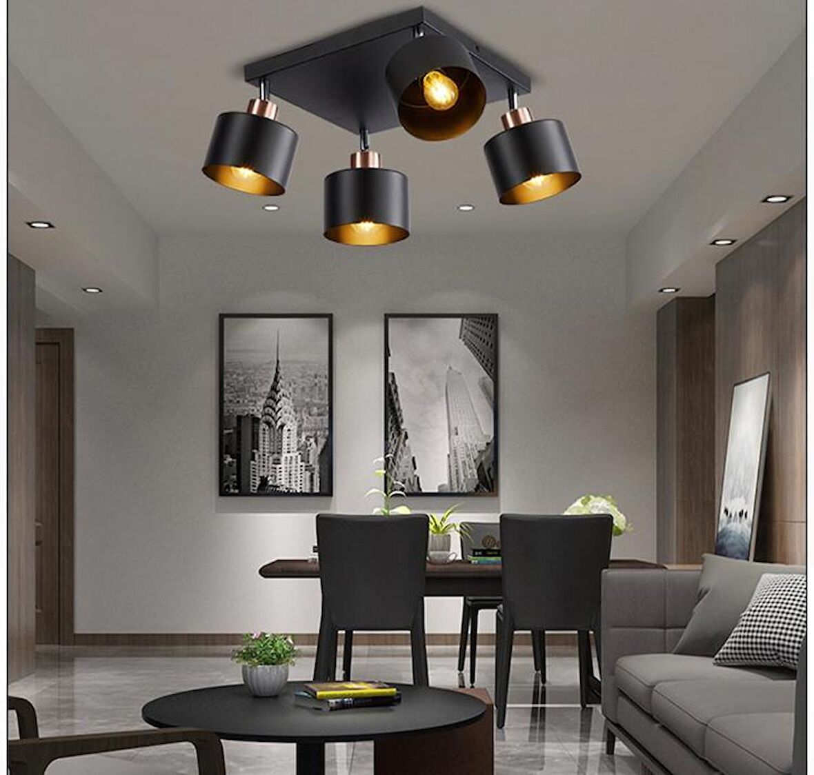Rsylight Retro Metal 180 Derece Hareketli 4 Lü Kare Dekorarif Tavan Plofyoner Avize