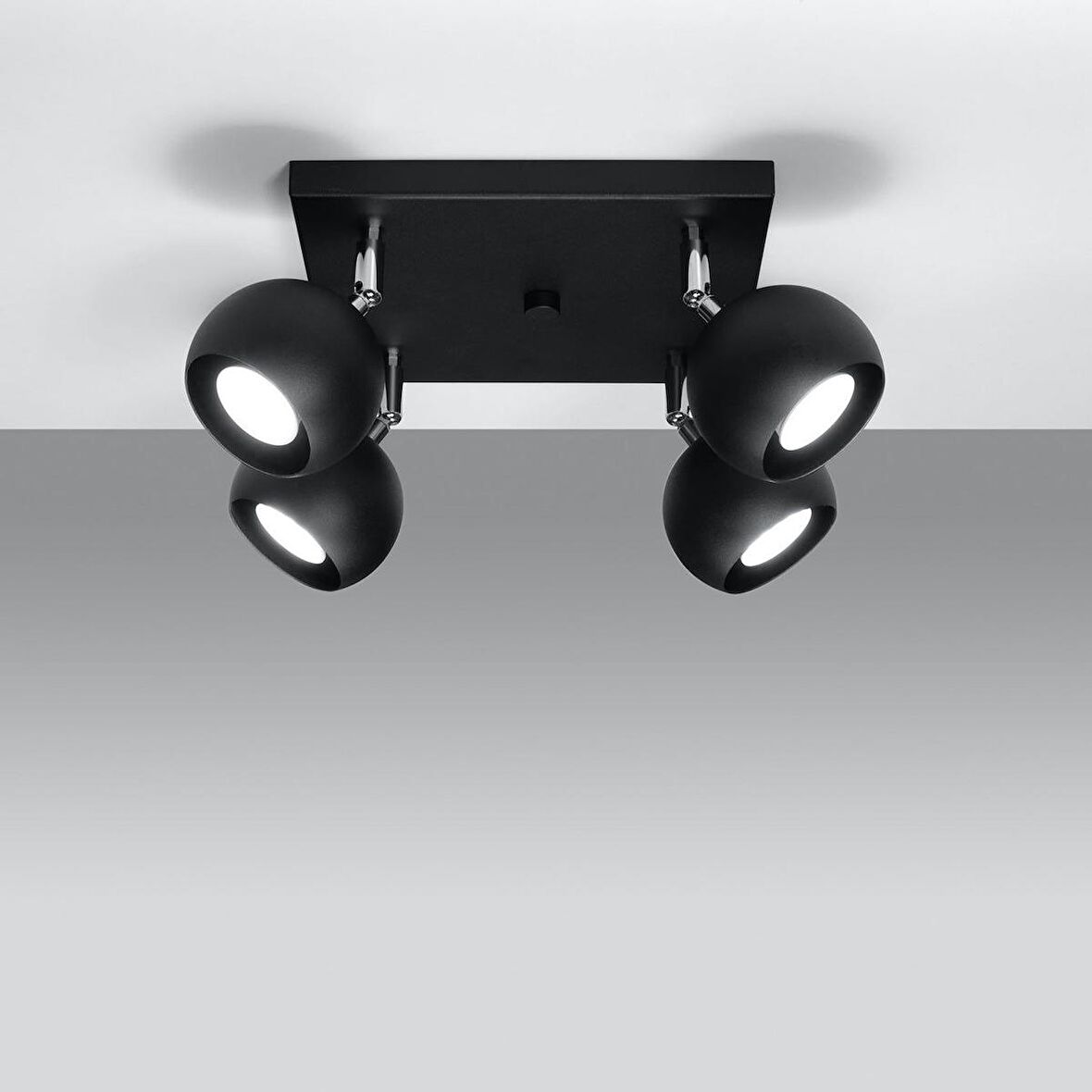 Rsylight Retro Siyah Kare 180 Derece Hareketli Modern Spor 4 Lü Led Spot Avize Günışığı Ampullü