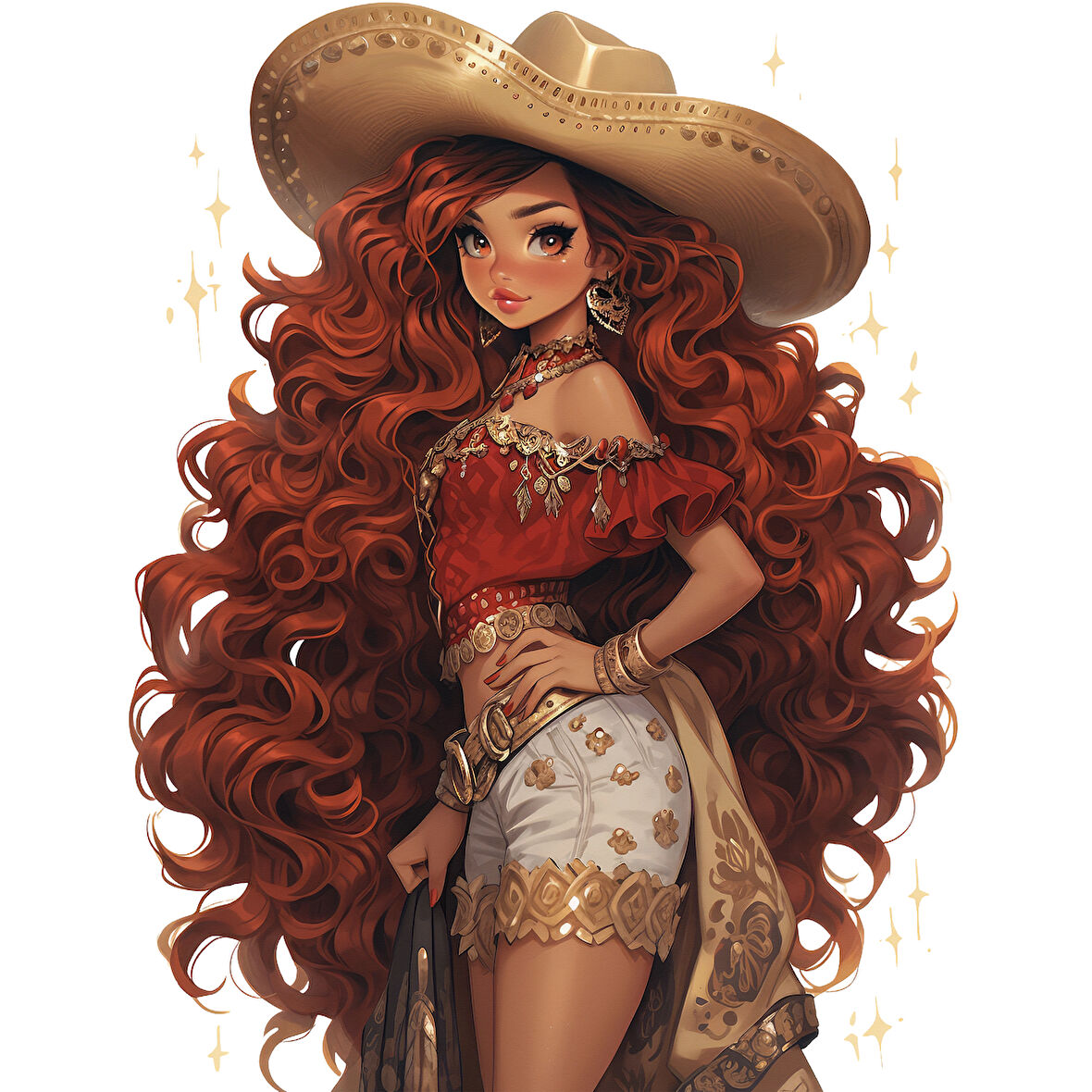 Beyaz Şortlu Kırmızı Bluzlu Kovboy Kız Duvar Stickerı