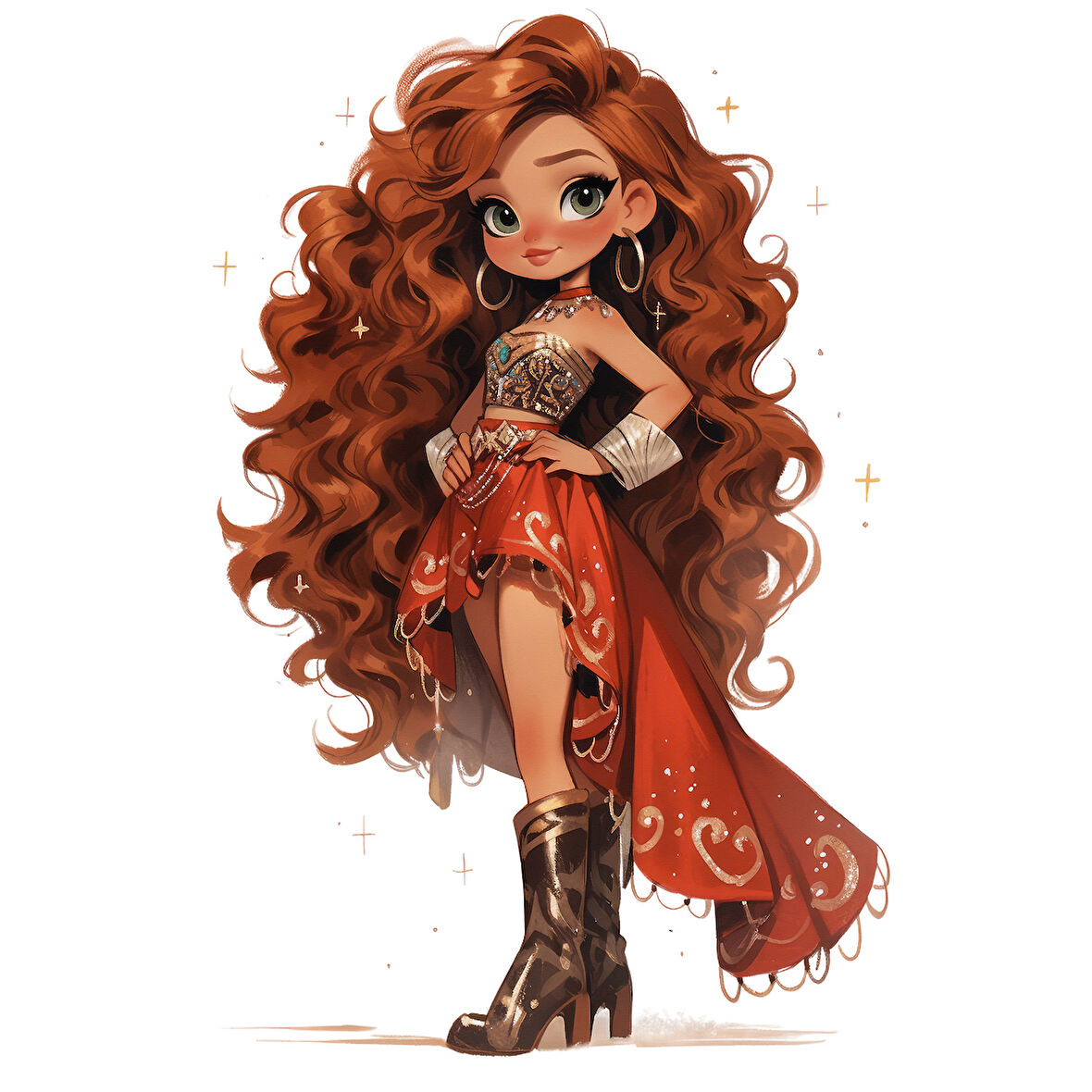 Uzun Kızıl Saçlı Kırmızı Elbiseli Kovboy Kız Duvar Stickerı