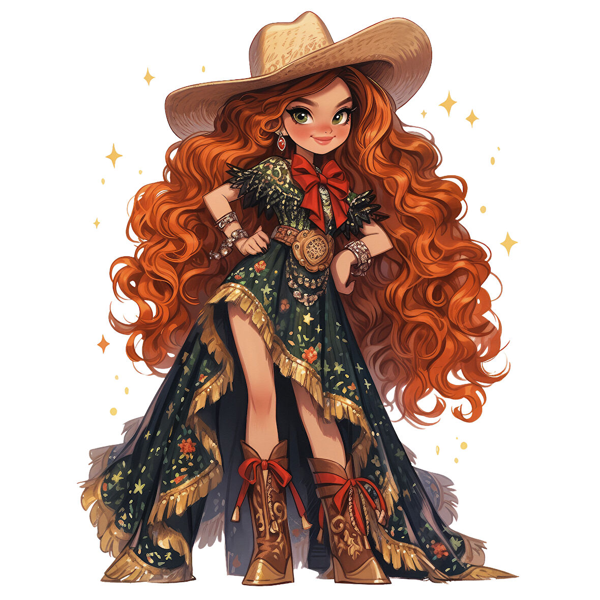 Kırmızı Fiyonklu Koyu Yeşil Elbiseli Kovboy Kız Duvar Stickerı