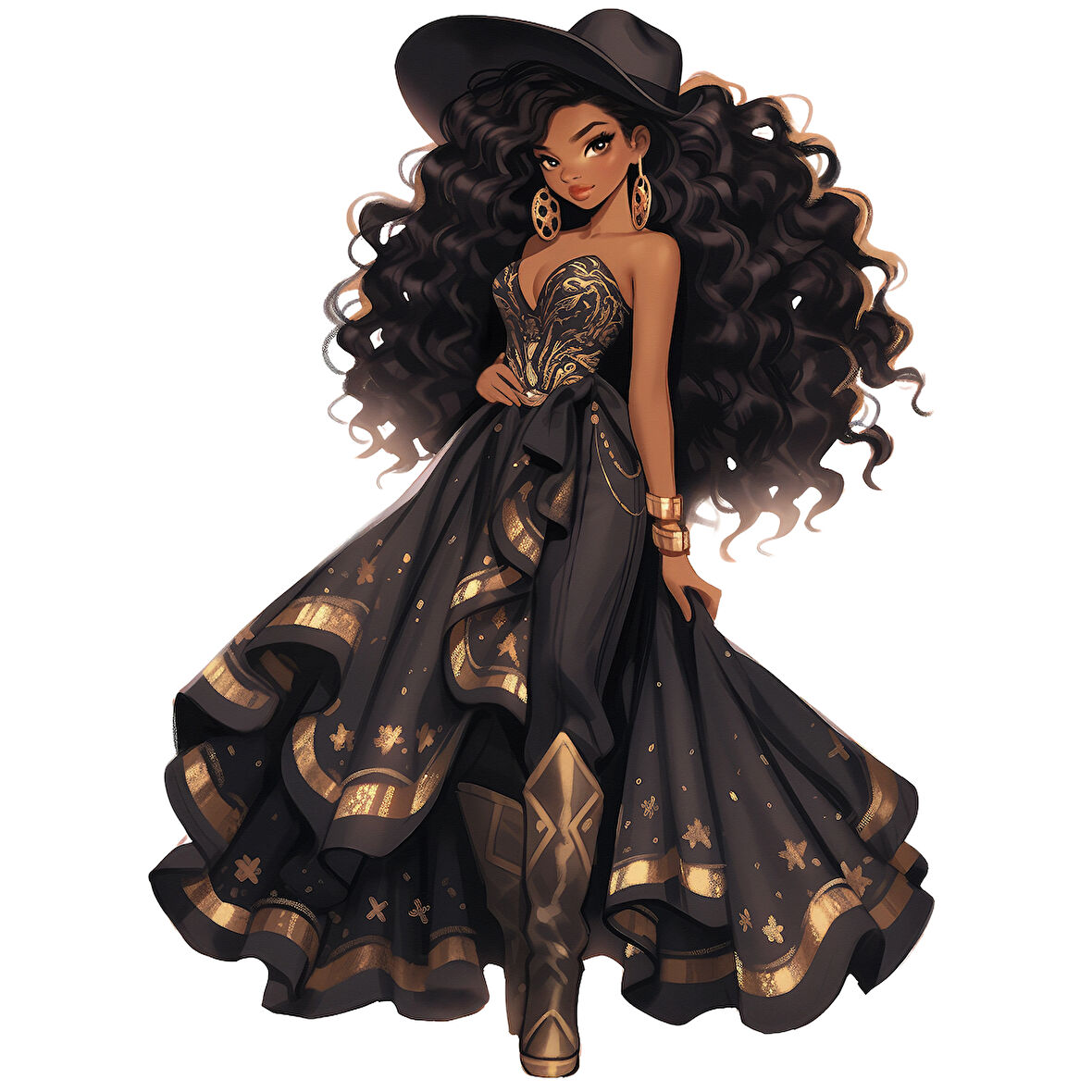 Kırmızı Elbiseli ve Siyah Şapkalı Çekici Kovboy Kız Duvar Stickerı