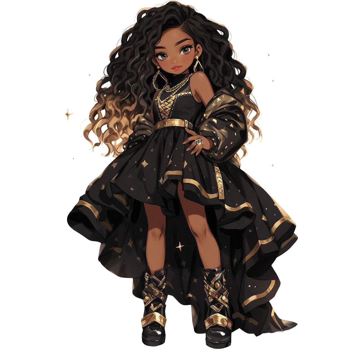 Siyah ve Altın Detaylı Elbiseli Şık Kovboy Kız Duvar Stickerı