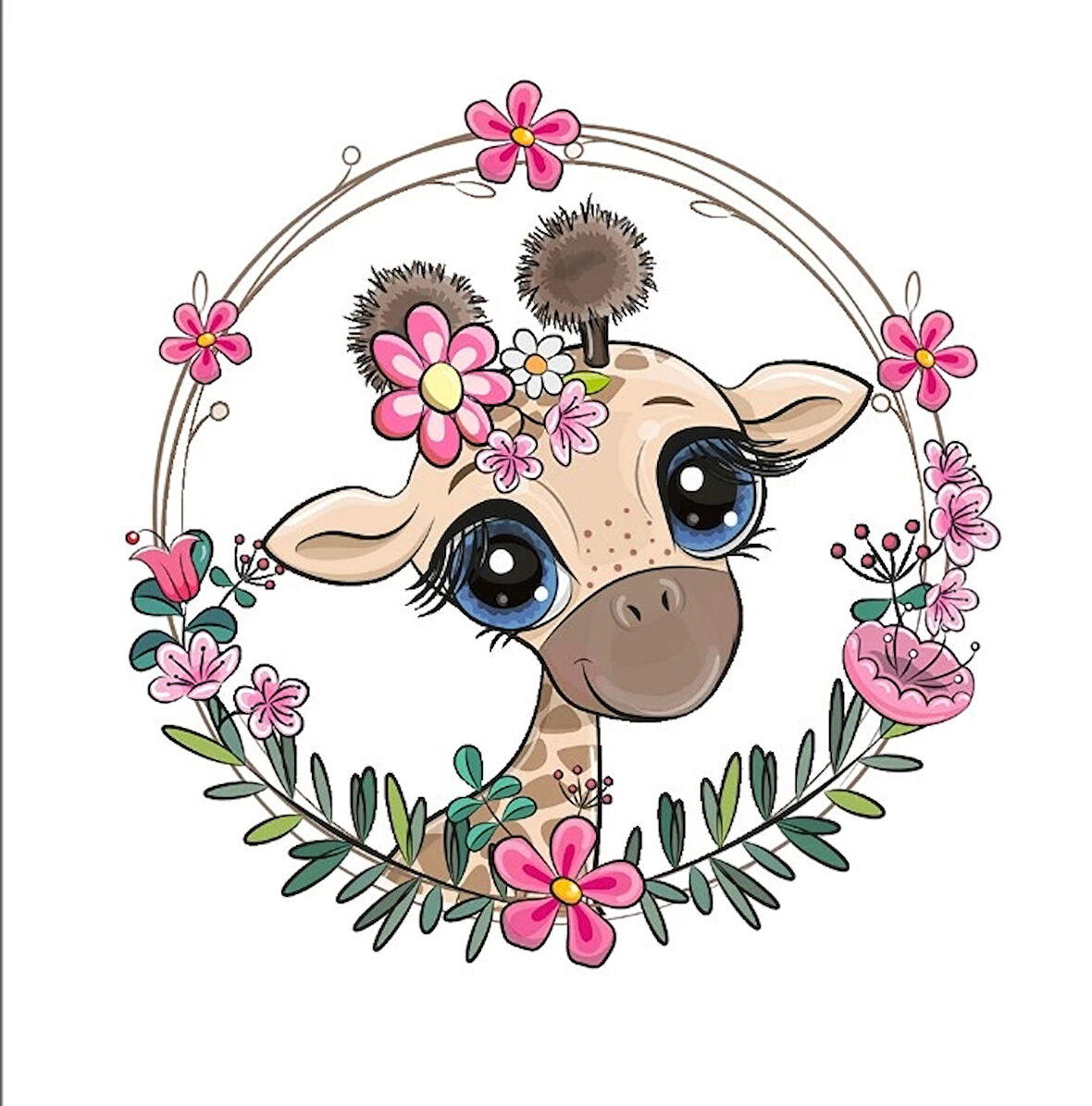 Zürafa Çiçek Çerçeveli Duvar Stickerı