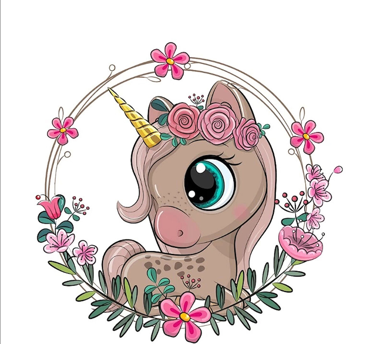 Güllü Tek Boynuzlu At Çiçek Çerçeveli Duvar Stickerı