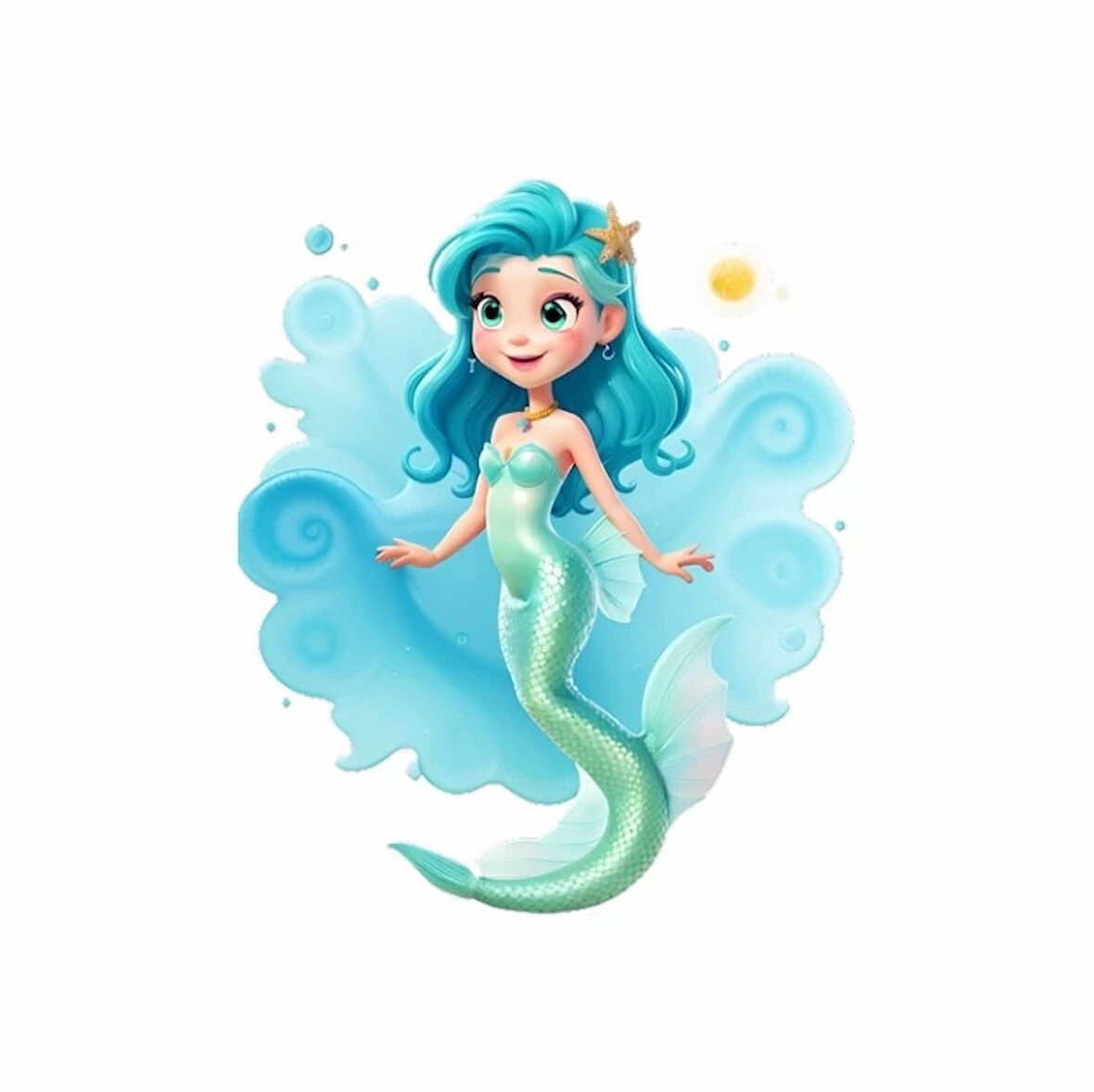 Dalgalı Mavi Saçlı Deniz Kızı Duvar Sticker'ı