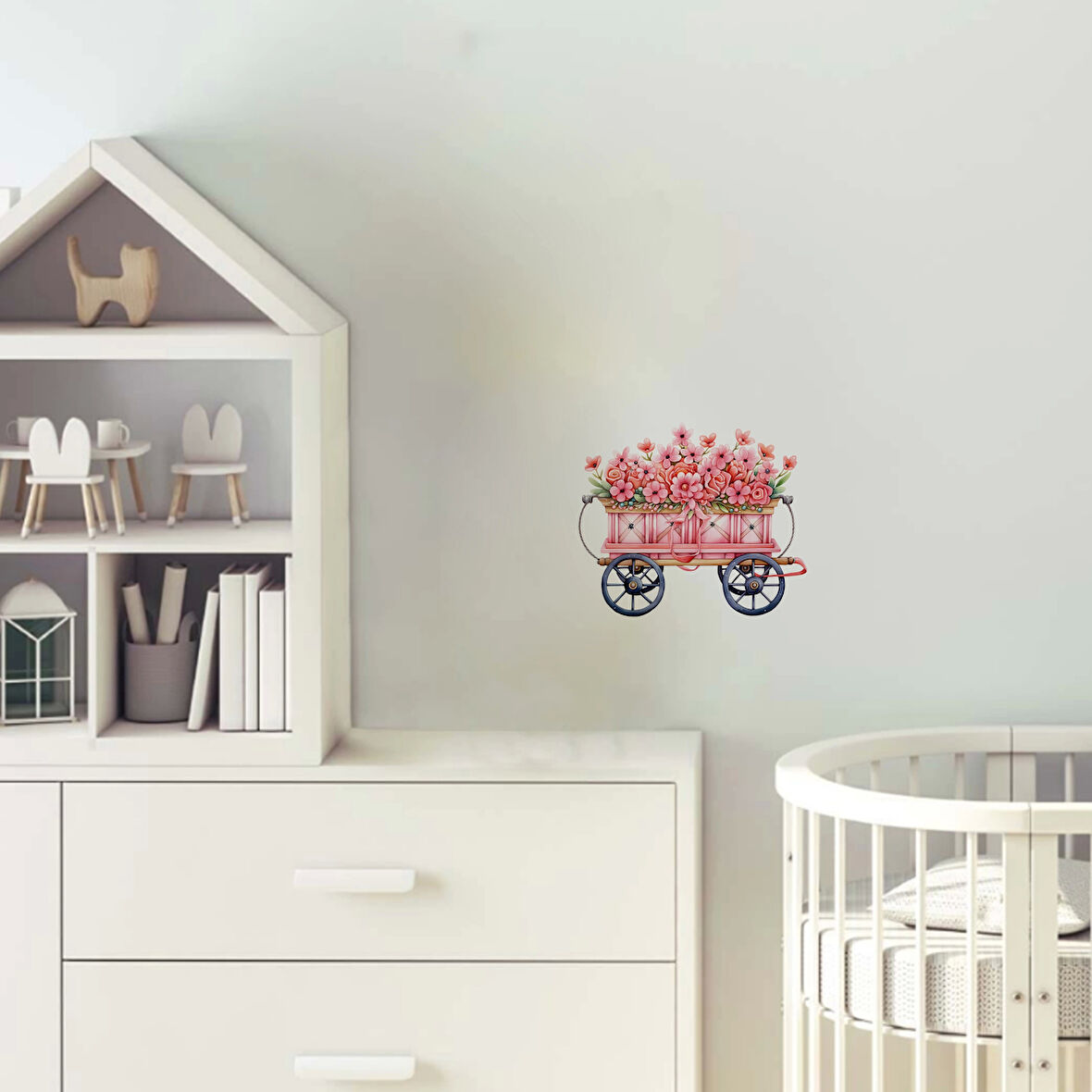 Pembe Çiçekli ve Mavi Tekerlekli El Arabası Duvar Sticker'ı