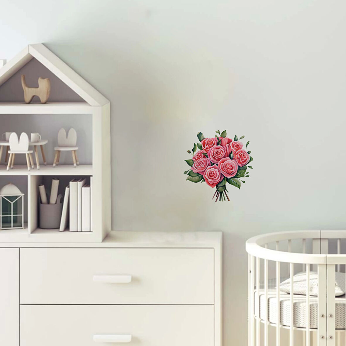 Yapraklı Pembe Gül Buketi Duvar Sticker'ı