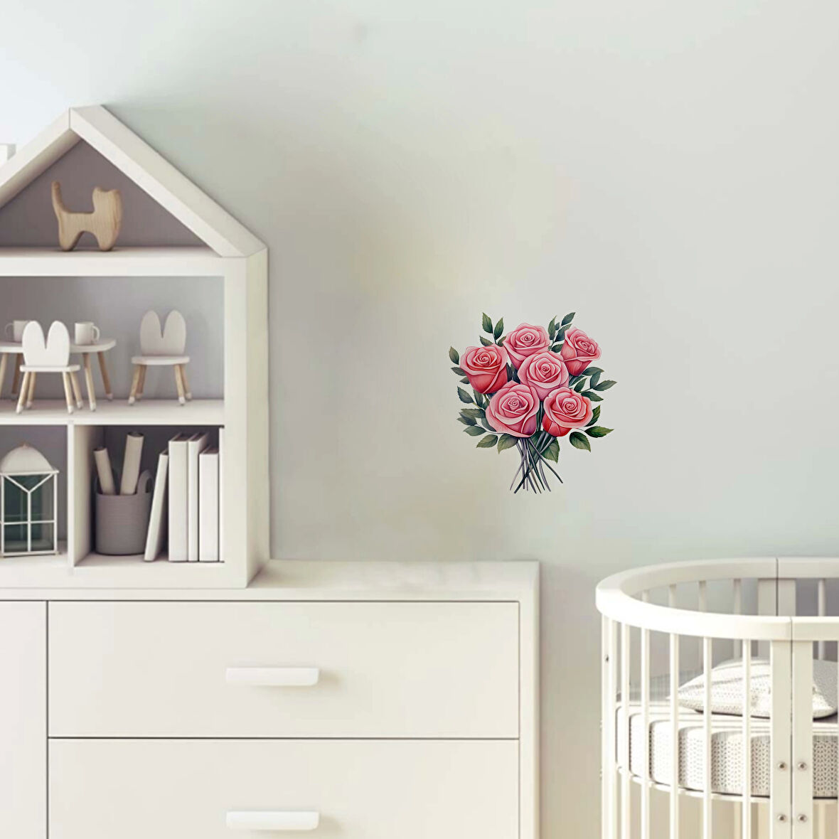 Yapraklı Pembe Gül Buketi Duvar Sticker'ı (5 Gül)
