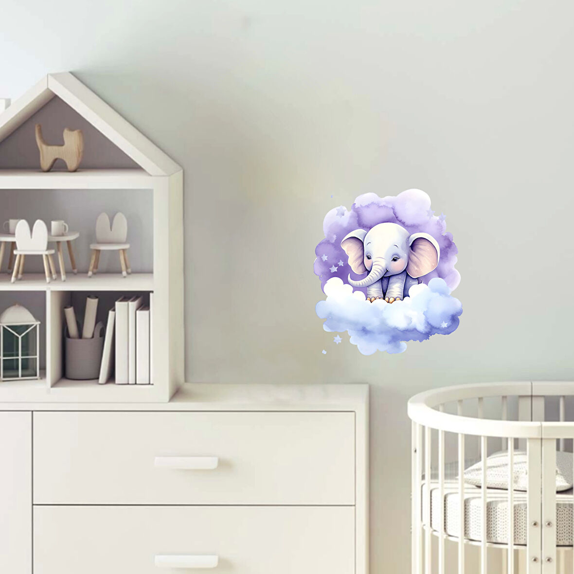 Yıldızlı Bulut Üzerinde Oturan Mor Fil Duvar Çıkartması