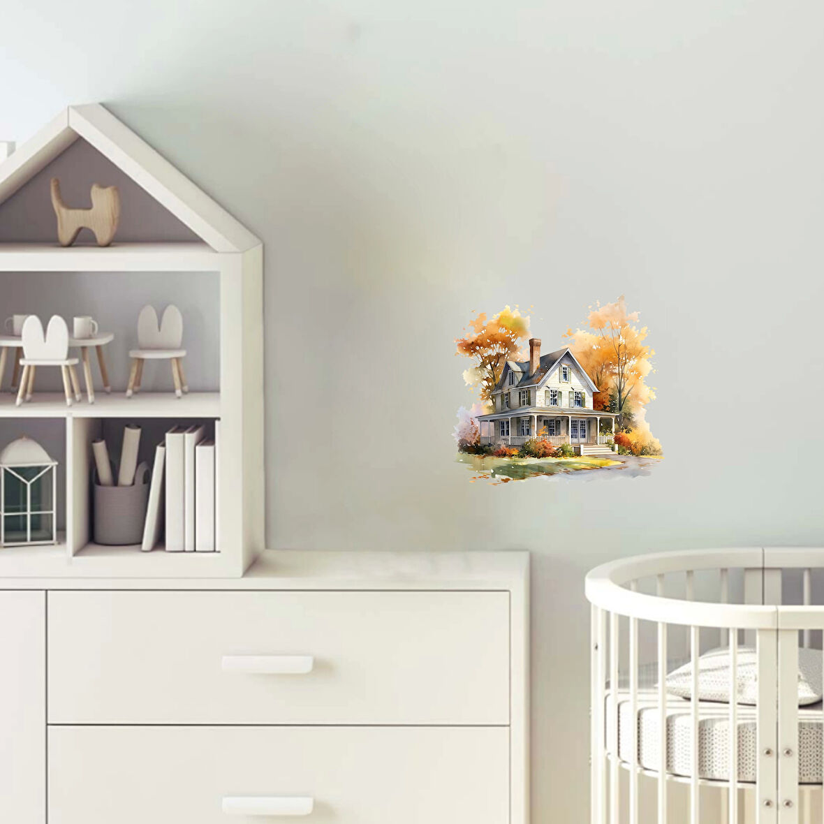 Sonbahar Ağaçları Arasında Beyaz Ev Duvar Stickerı