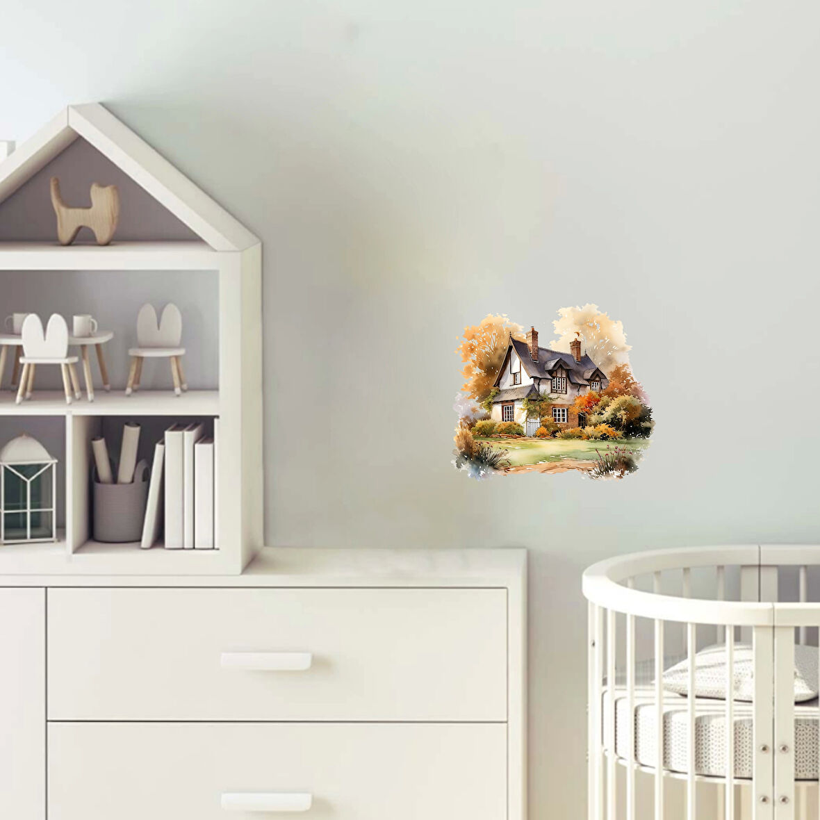 Kara Çatılı ve Beyaz Duvarlı Sonbahar Evi Duvar Stickerı