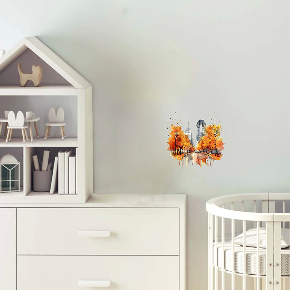 Yansımalı Şehir Manzarası ve Sonbahar Ağaçları Duvar Stickerı