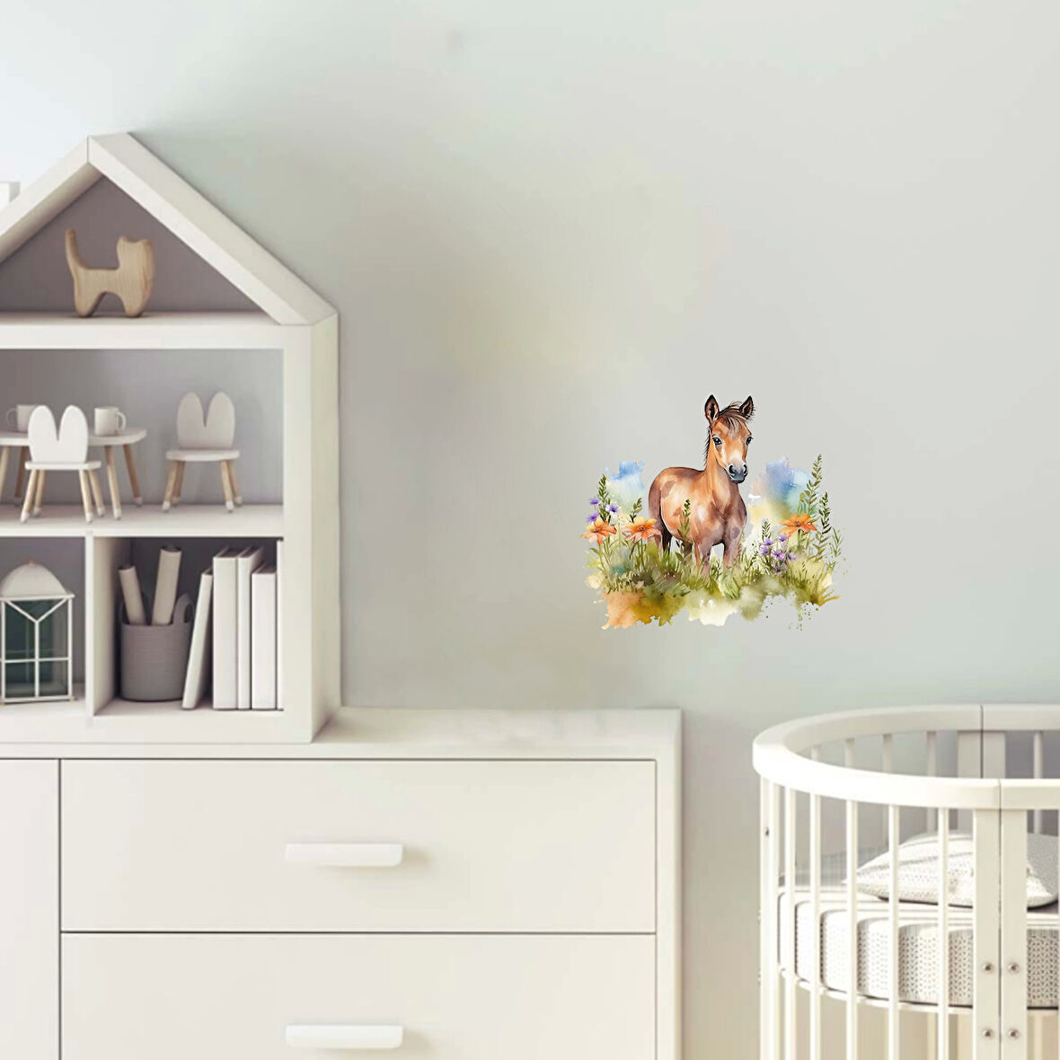 Mor ve Yeşil Çiçekli At Yavrusu Duvar Stickerı