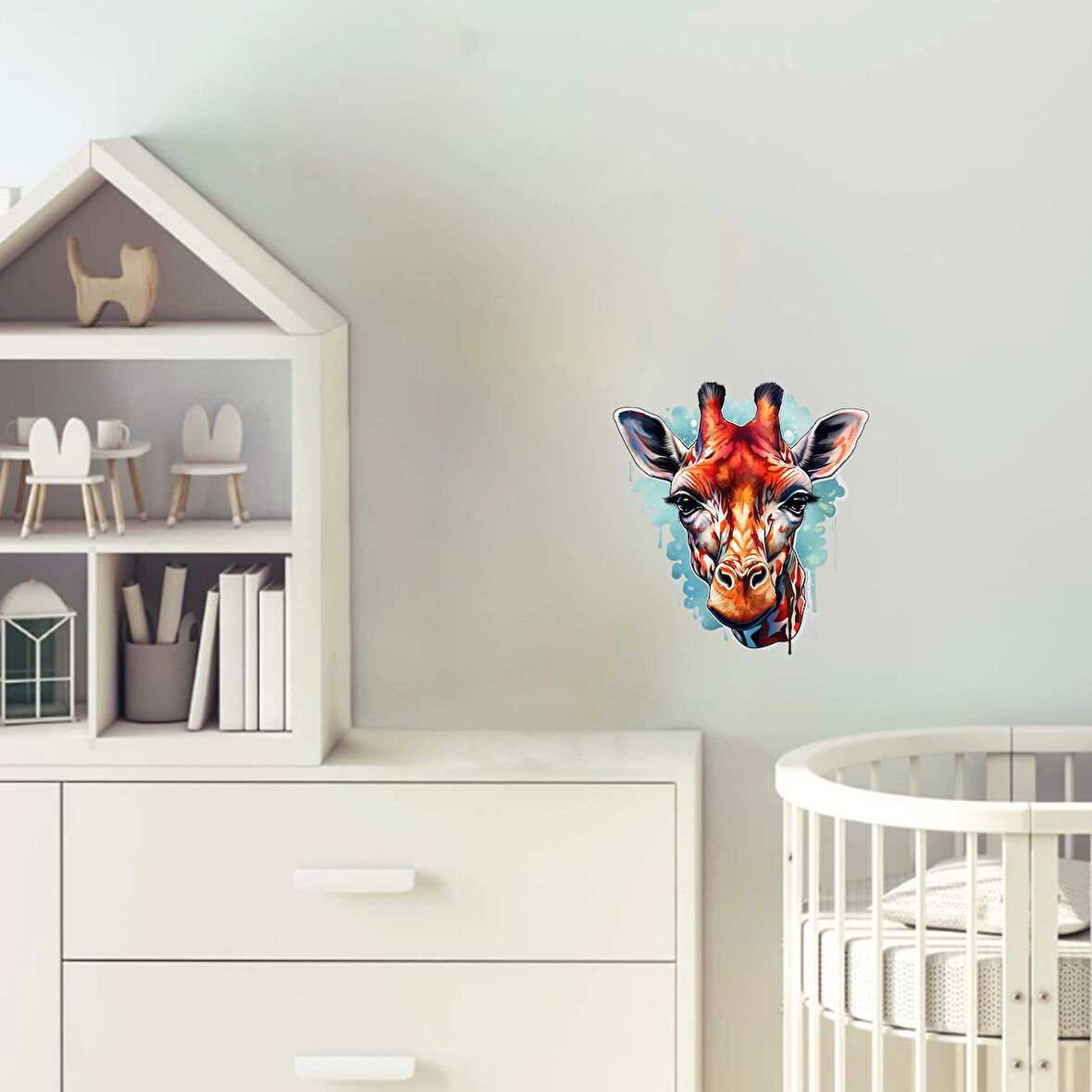 Mavi ve Kırmızı Detaylı Zürafa Kafası Duvar Sticker'ı