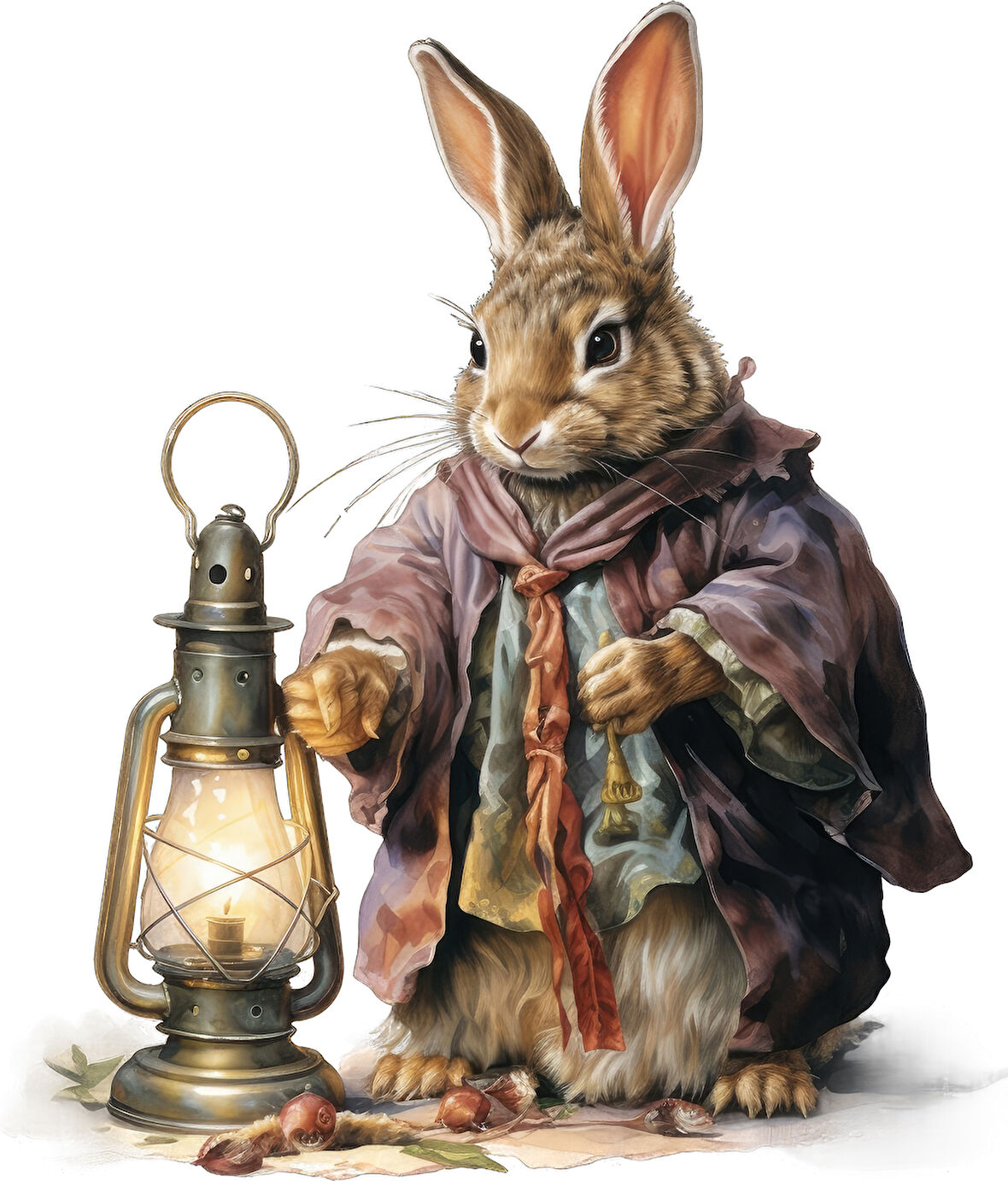 Kıyafetli ve Fenerli Tavşan Duvar Stickerı - Mor Tonlar