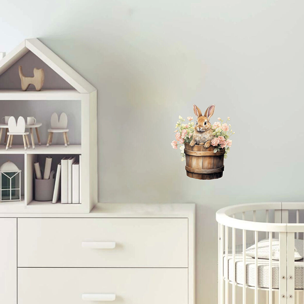 Pembe Çiçekli Kovada Tavşan Duvar Stickerı
