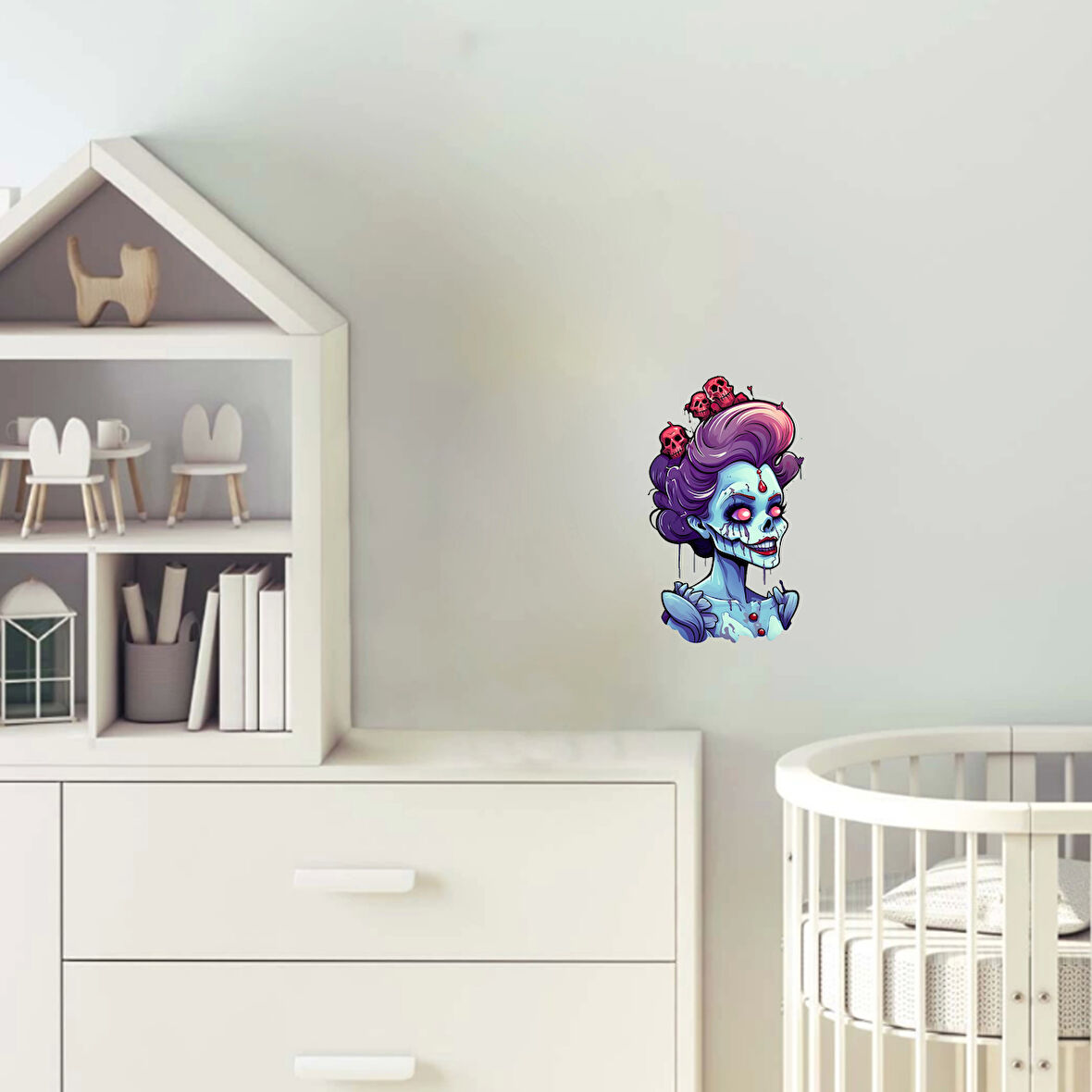 Mor Saçlı Kafataslı Zombi Kız Duvar Stickerı