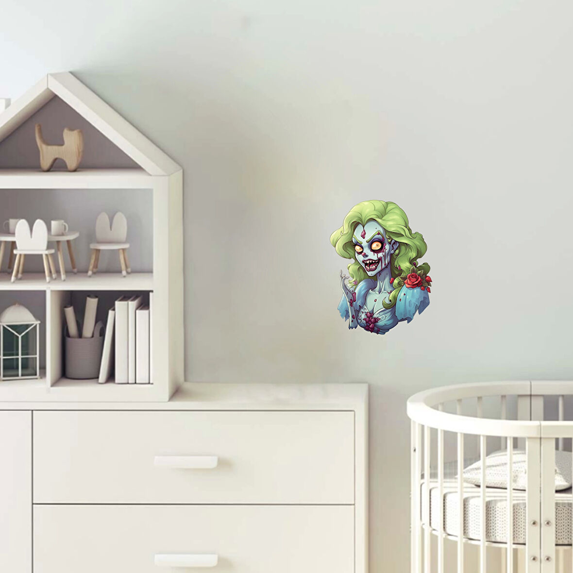 Yeşil Saçlı Gül Detaylı Zombi Kız Duvar Stickerı