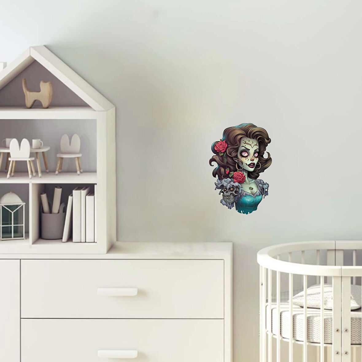 oyu Saçlı Gül ve Kafataslı Zombi Kız Duvar Stickerı
