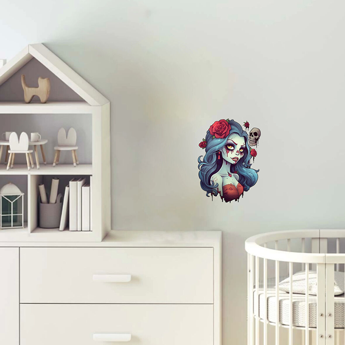 Kızıl Güllü ve Kafataslı Zombi Kız Duvar Stickerı