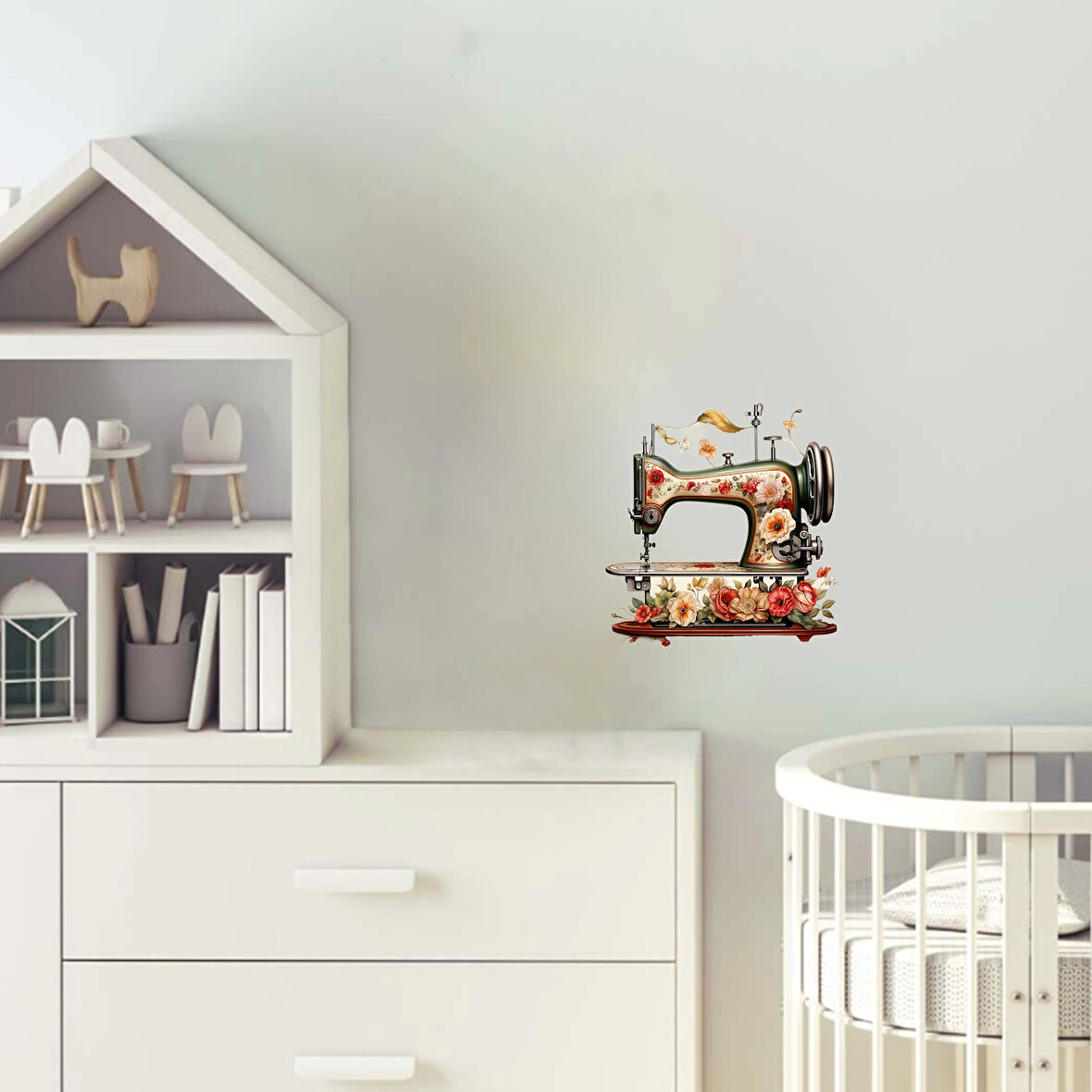 Çiçekli Dikiş Makinesi Duvar Stickerı