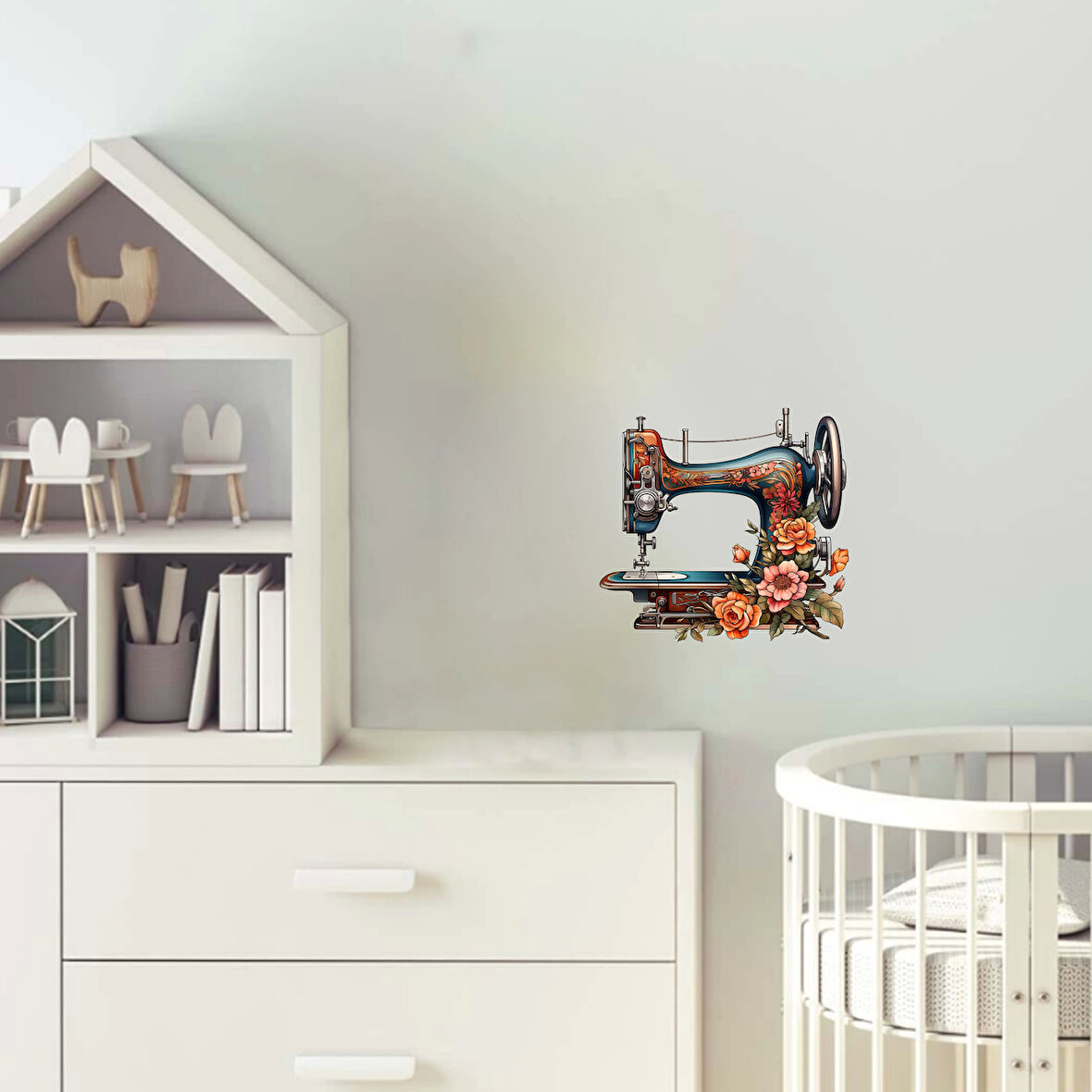 Renkli Yapraklı Dikiş Makinesi Duvar Stickerı