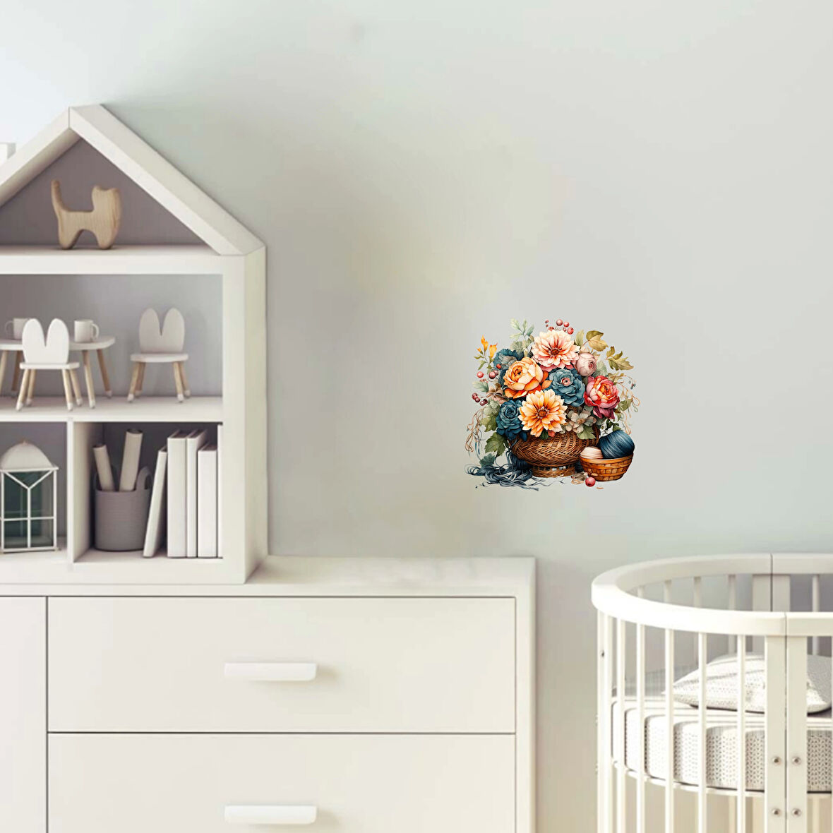 Hasır Sepette Canlı Çiçekler ve İplikler Duvar Stickerı