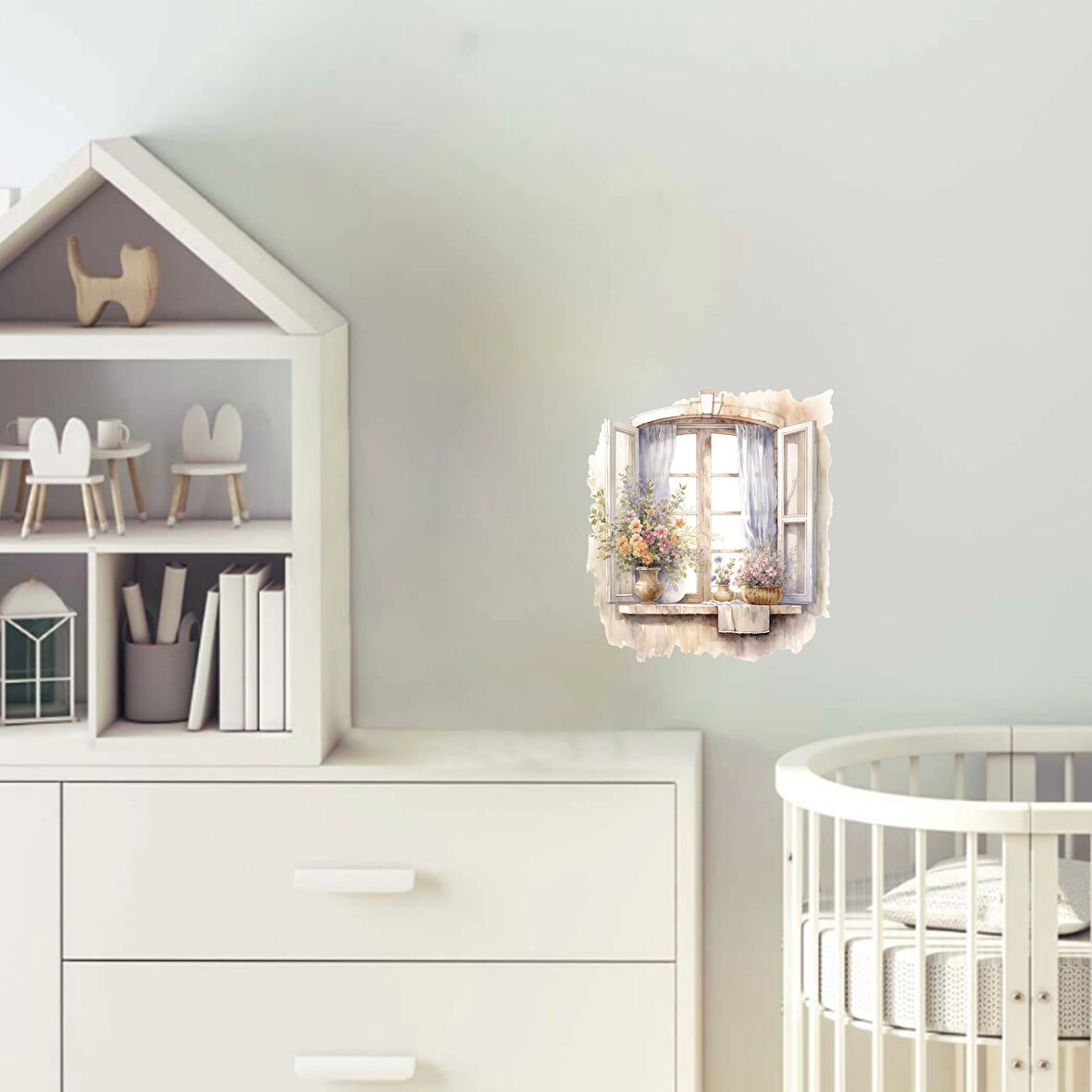 Çiçekli Vazo ve Perde Detaylı Pencere Duvar Stickerı