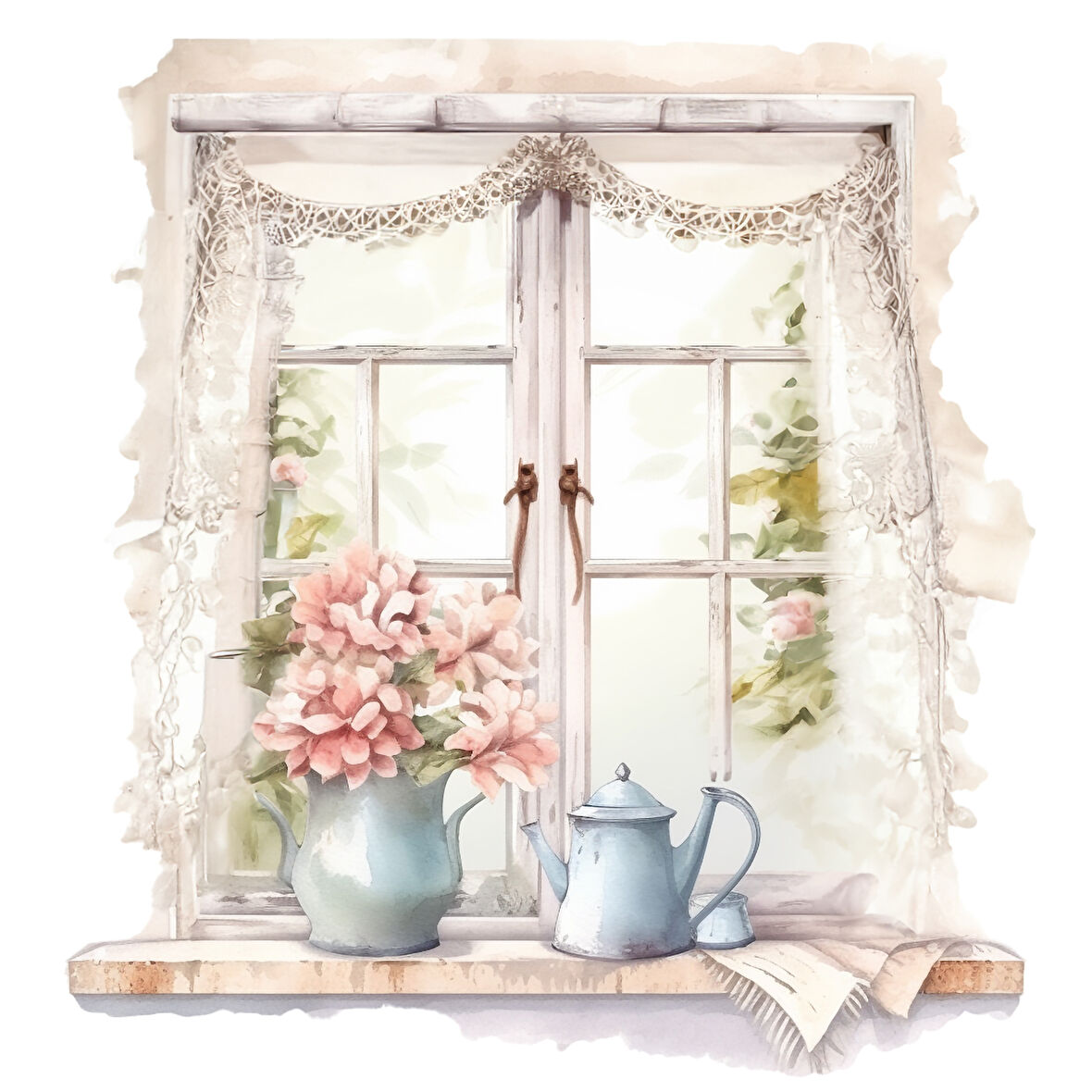 Pembe Çiçekli Vazolar ve Perde Detaylı Pencere Duvar Stickerı