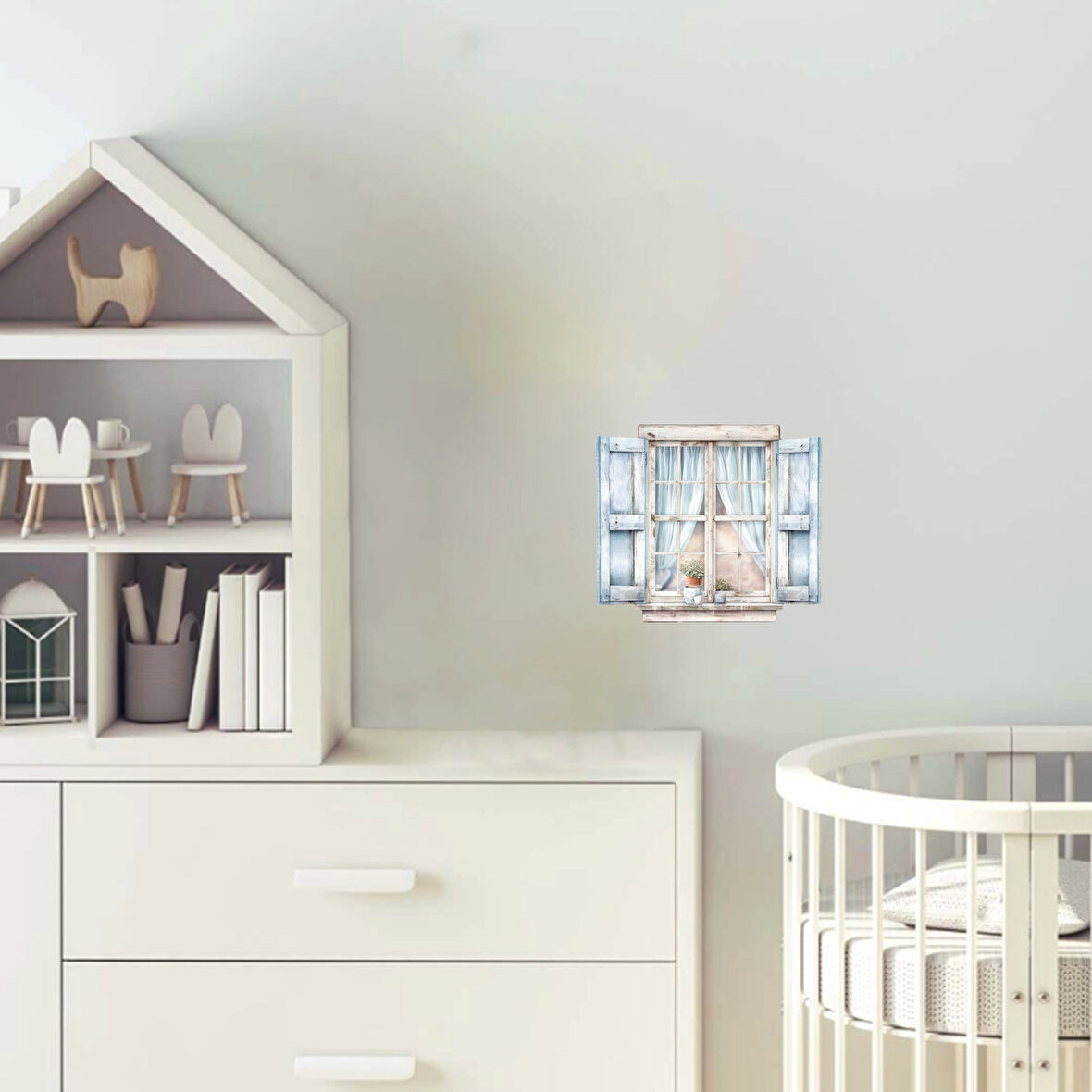 Mavi Panjurlu ve Perdeli Pencere Duvar Stickerı