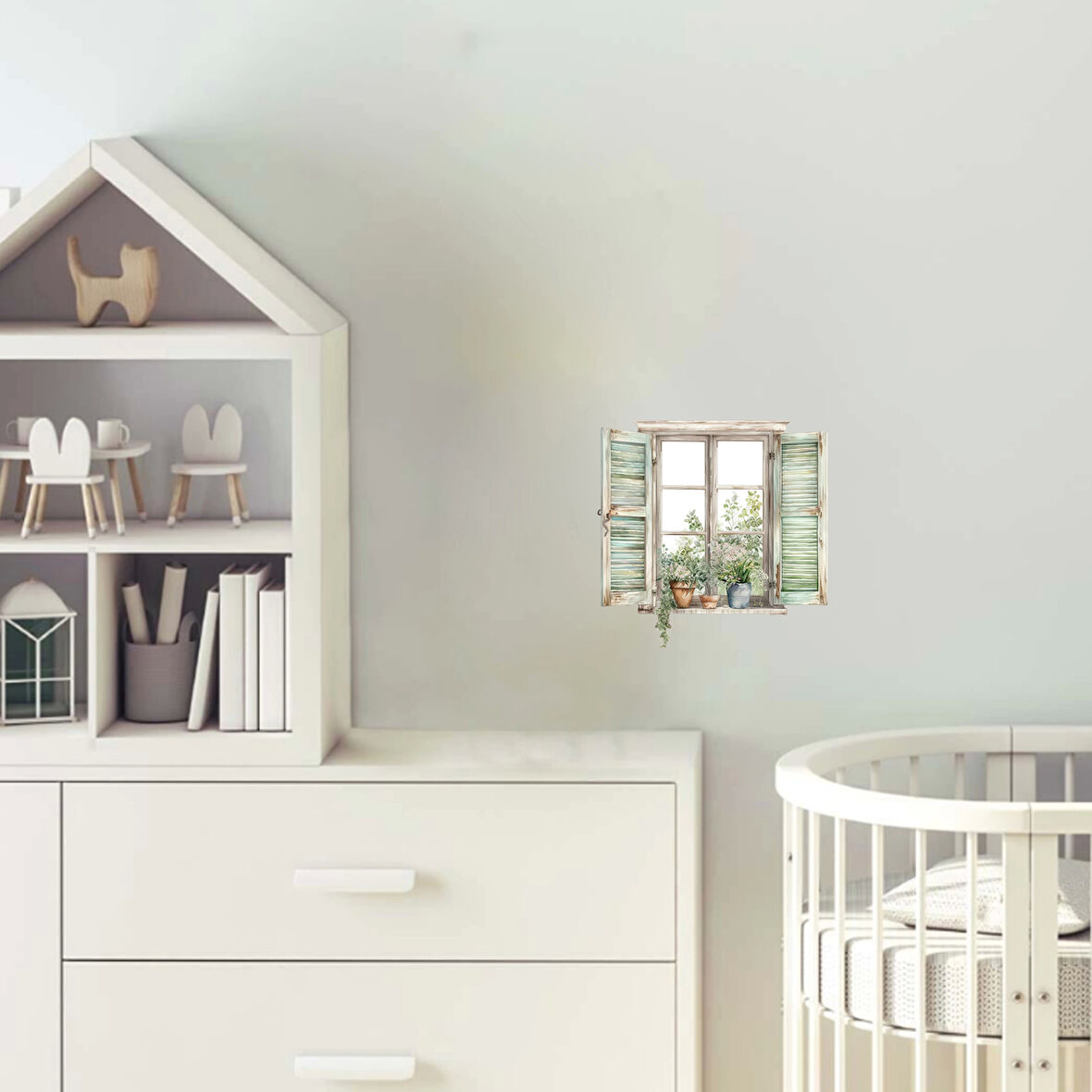 Yeşil Panjurlu ve Bitkili Pencere Duvar Stickerı